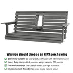 Poly Lumber 2-Seat Porch Swing, HIPS 4.5-Feet Bench Swing with Foldable Cup Holders,18/8 Stainless Steel Hardware, High Backrest and Deep Contoured Seat (Gray, 4.5-feet)