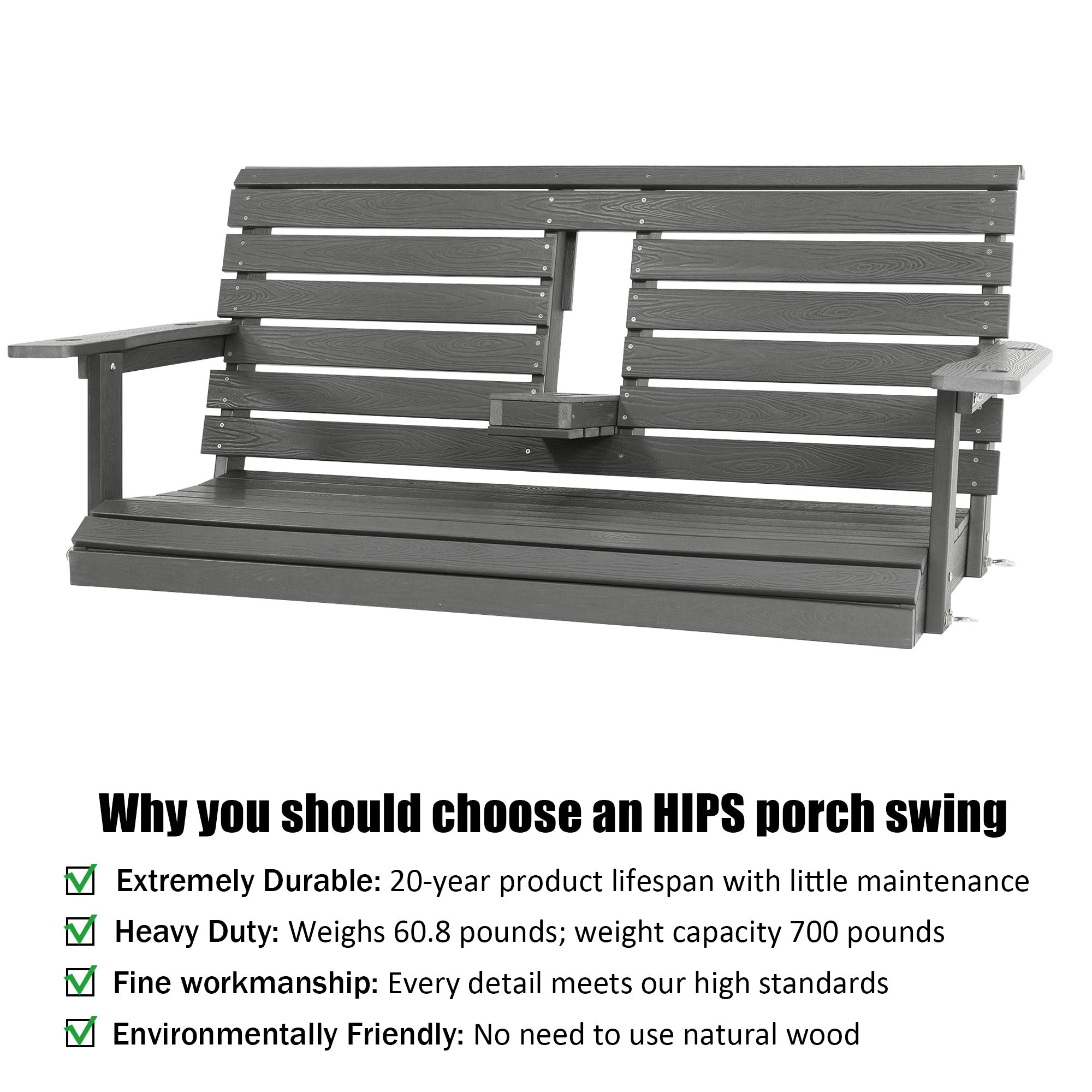 Poly Lumber 2-Seat Porch Swing, HIPS 4.5-Feet Bench Swing with Foldable Cup Holders,18/8 Stainless Steel Hardware, High Backrest and Deep Contoured Seat (Gray, 4.5-feet)