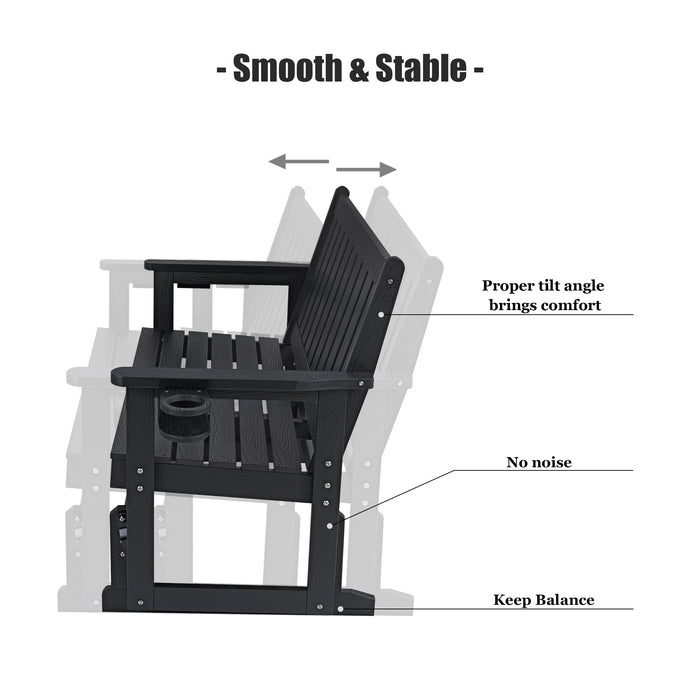 Poly Lumber Patio Glider, HIPS Material Weather-Resistant Swing Bench for Outdoor Porch Garden (Black, 2-Seater)