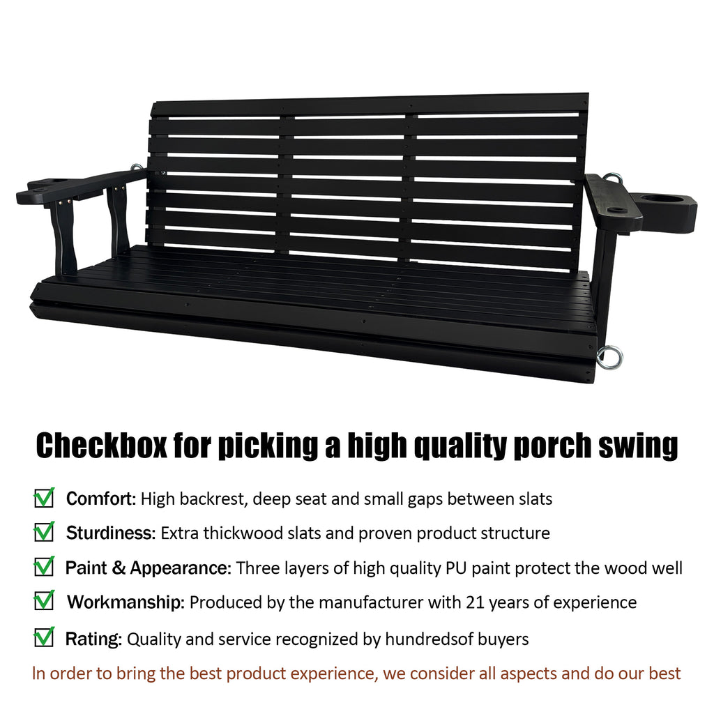 Wooden Porch Swing 3-Seater, High Backrest and Deep Seat, Bench Swing with Cupholders, Hanging Chains and 7mm Springs, Heavy Duty 880 LBS, for Outdoor Patio Garden (Carbon Black, 5 FT Extra Large)