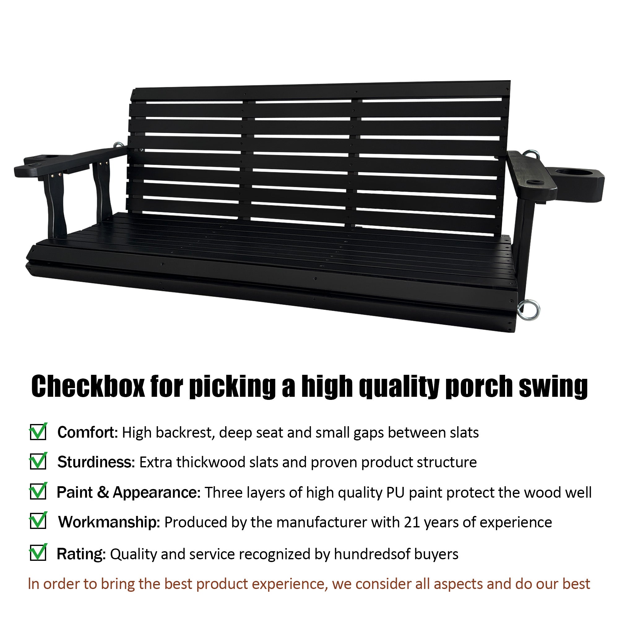 Wooden Porch Swing 3-Seater, High Backrest and Deep Seat, Bench Swing with Cupholders, Hanging Chains and 7mm Springs, Heavy Duty 880 LBS, for Outdoor Patio Garden (Carbon Black, 5 FT Extra Large)