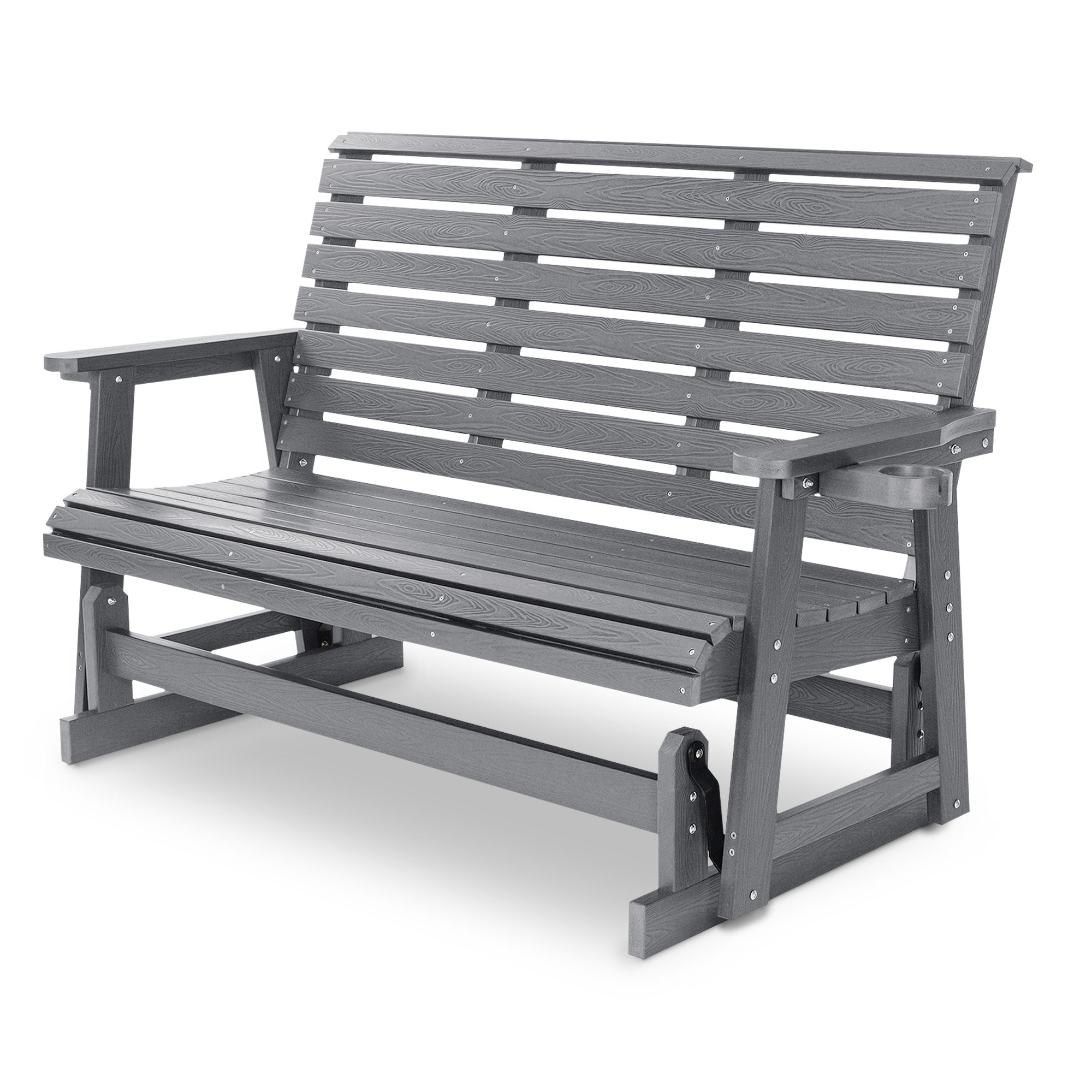 HIPS Patio Glider with Cup Holders, Durable Poly Lumber Material, All-Weather Resistant, High Backrest and Deep Contoured Seat, Ladder Back, Heavy Duty 900 LB, for Outdoor, Patio (Gray, 3-Seat)