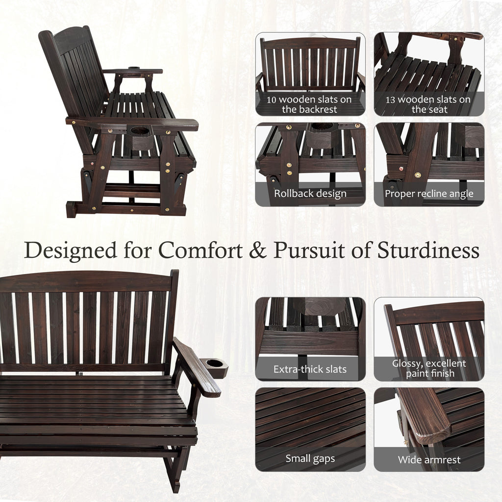 Fortune Candy Wooden Patio Glider, with Cup Holders, High Back and Deep Contoured Seat, Solid Fir Wood, Heavy Duty 800 LBS (Deep Brown, 2-Seater)