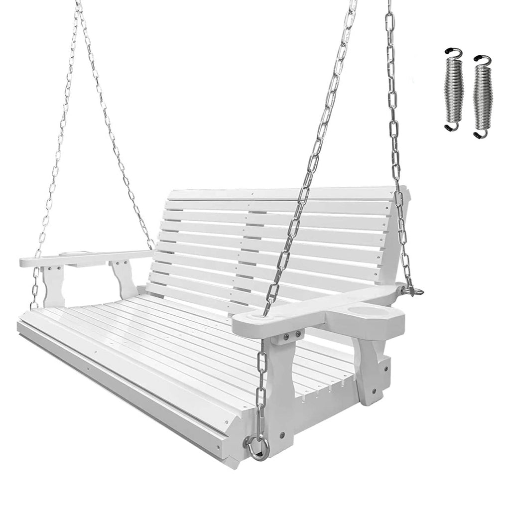 Wooden Porch Swing 2-Seater, Bench Swing with Cupholders, Hanging Chains and 7mm Springs, Heavy Duty 800 LBS, for Outdoor Patio Garden, Pure White, 4 FT Extra Large