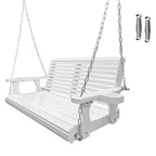 Wooden Porch Swing 2-Seater, Bench Swing with Cupholders, Hanging Chains and 7mm Springs, Heavy Duty 800 LBS, for Outdoor Patio Garden, Pure White, 4 FT Extra Large
