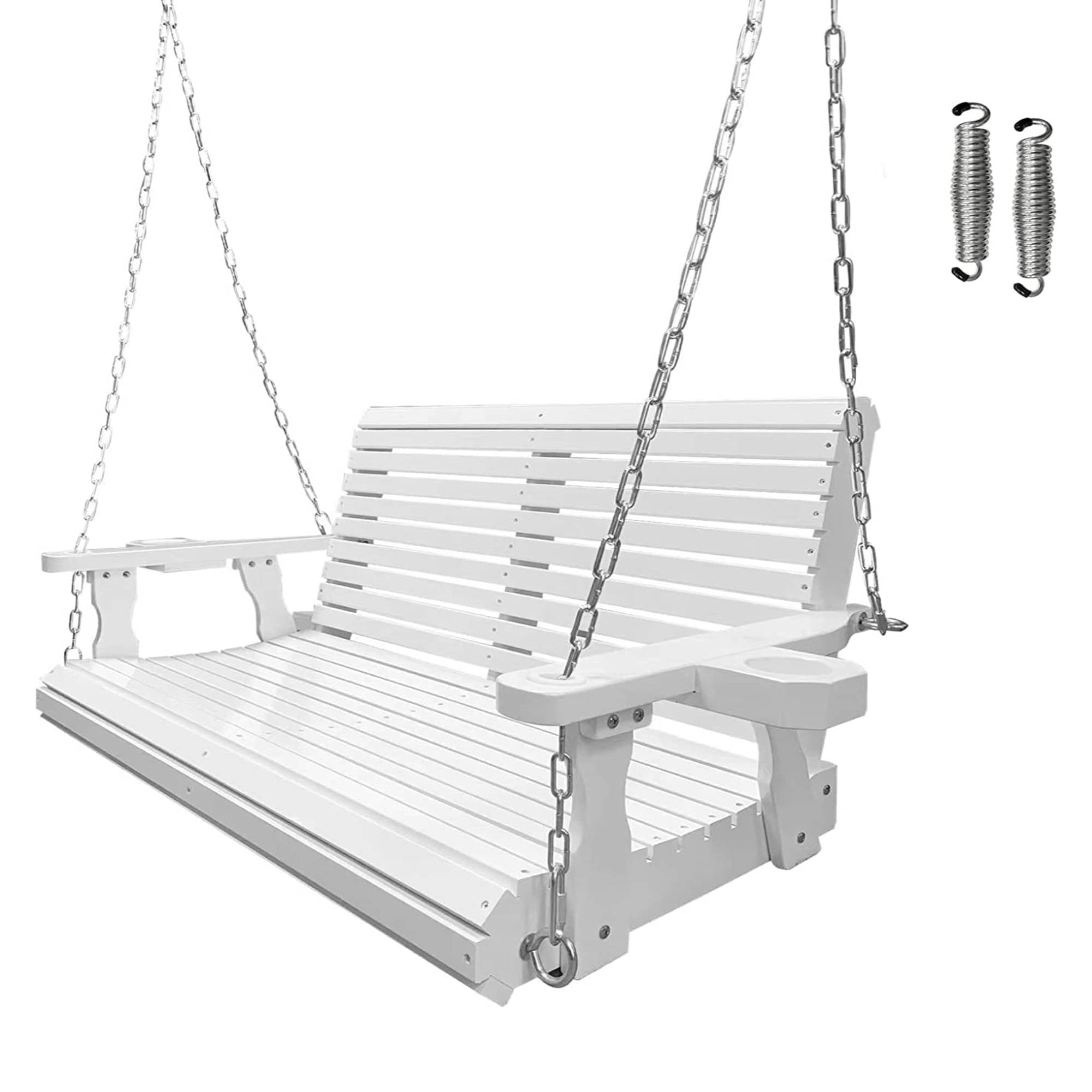Wooden Porch Swing 2-Seater, Bench Swing with Cupholders, Hanging Chains and 7mm Springs, Heavy Duty 800 LBS, for Outdoor Patio Garden, Pure White, 4 FT Extra Large