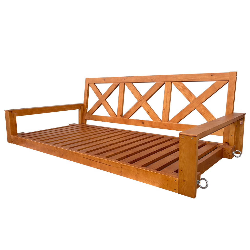 Fortune Candy 6.3 FT Wooden Porch Swing Bed with Thick Cushion – Outdoor Hanging Daybed for Patio or Porch, Solid Fir Wood Frame, Weather-Resistant, Heavy Duty 1000 LBS (Brown)