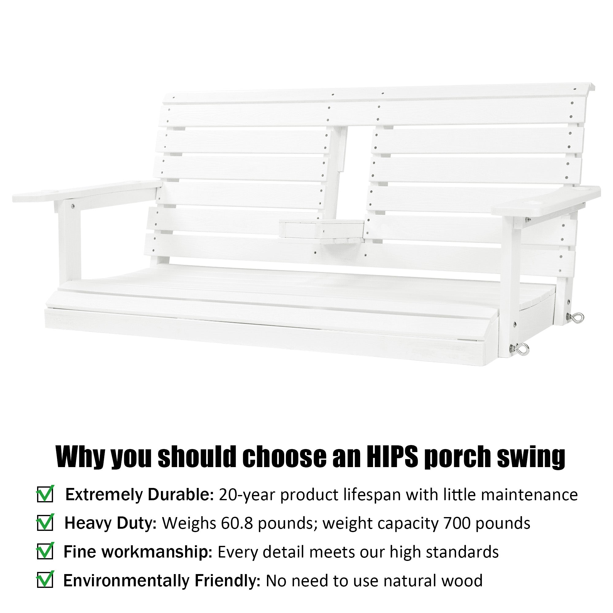 Poly Lumber 2-Seat Porch Swing, HIPS 4.5-Feet Bench Swing with Foldable Cup Holders,18/8 Stainless Steel Hardware, High Backrest and Deep Contoured Seat (Snow White, 4.5-feet)