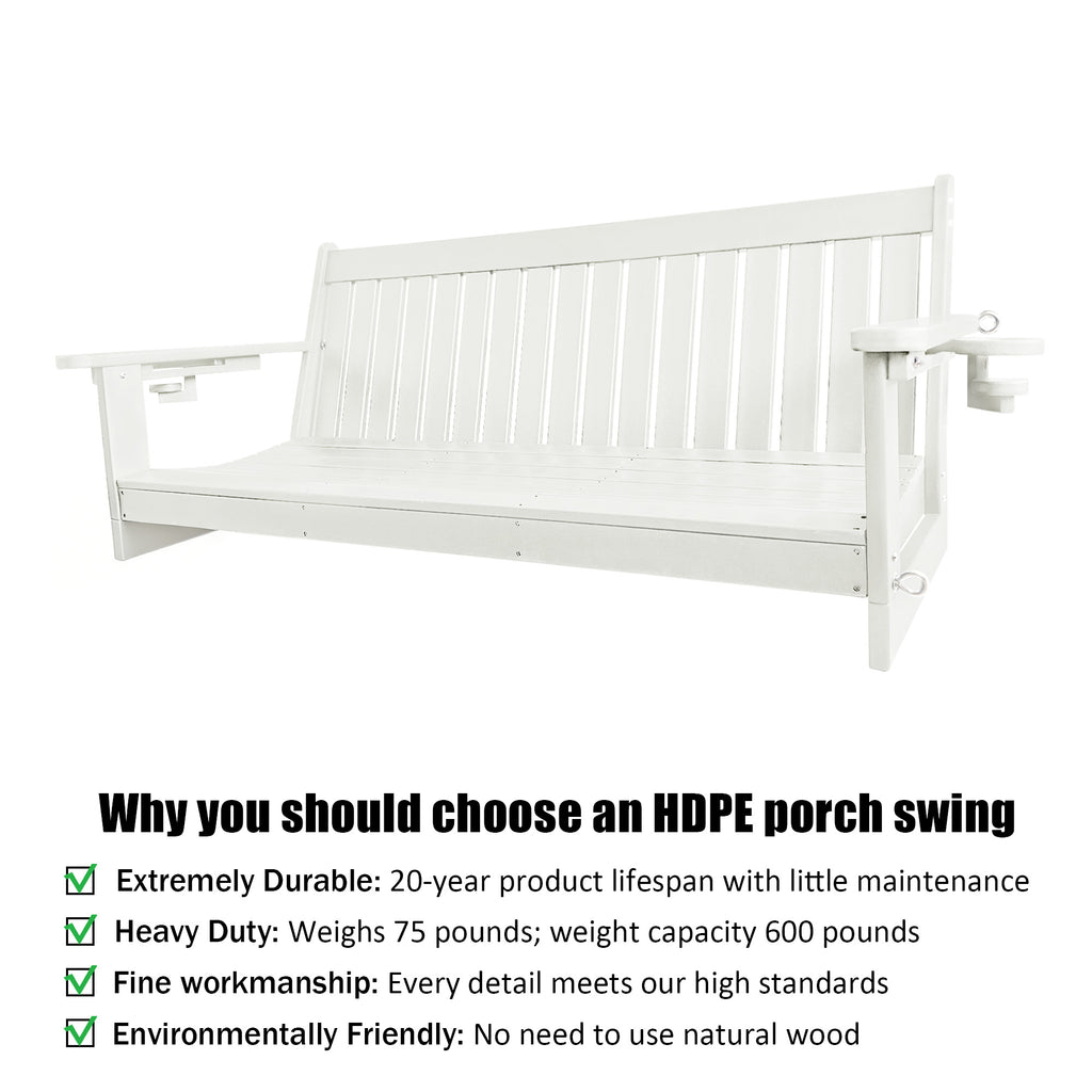 HDPE 3-Seater Porch Swing, 5-Feet Bench Swing with Foldable Cup Holders,18/8 Stainless Steel Hardware, High Backrest and Deep Contoured Seat (White, 5-feet)