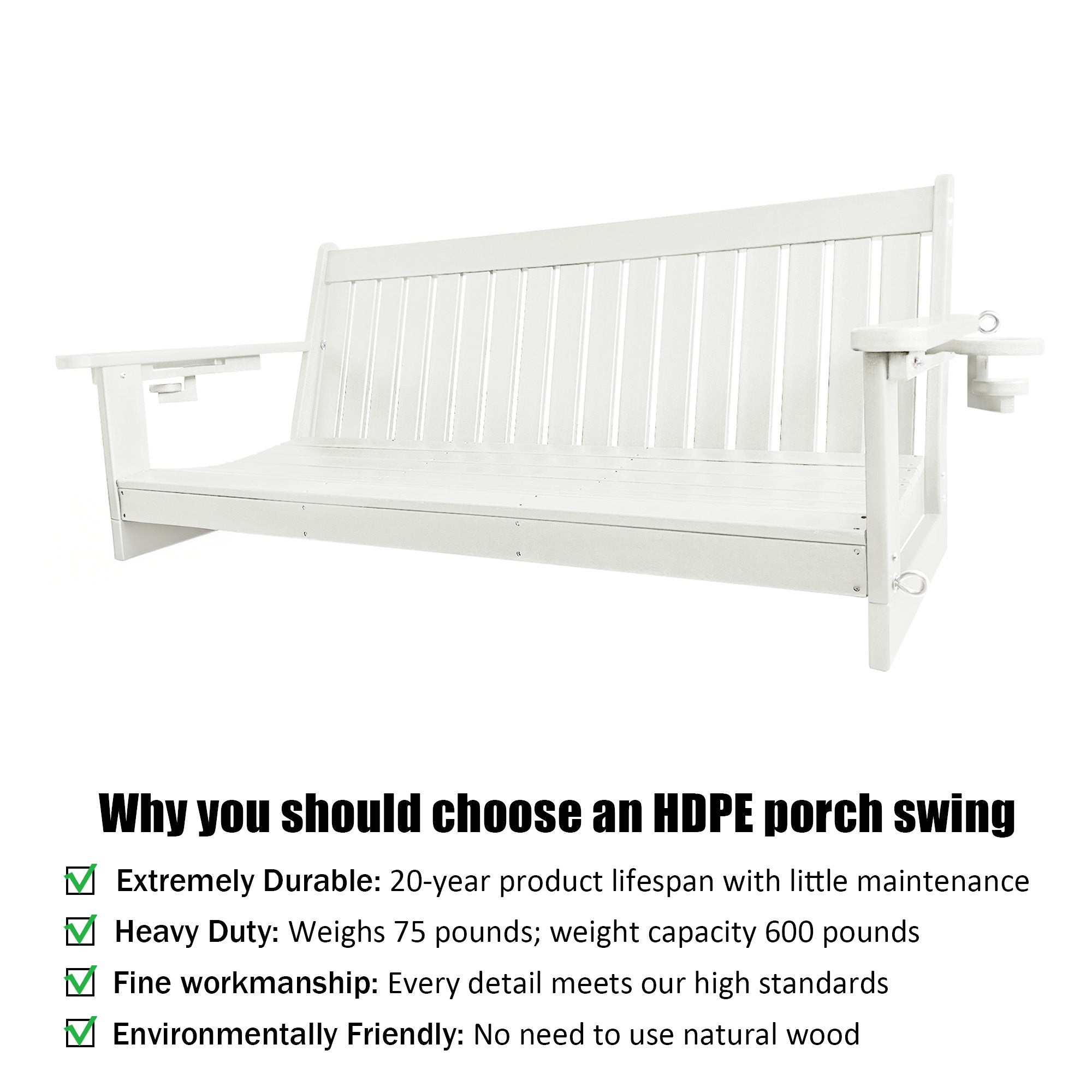 HDPE 3-Seater Porch Swing, 5-Feet Bench Swing with Foldable Cup Holders,18/8 Stainless Steel Hardware, High Backrest and Deep Contoured Seat (White, 5-feet)
