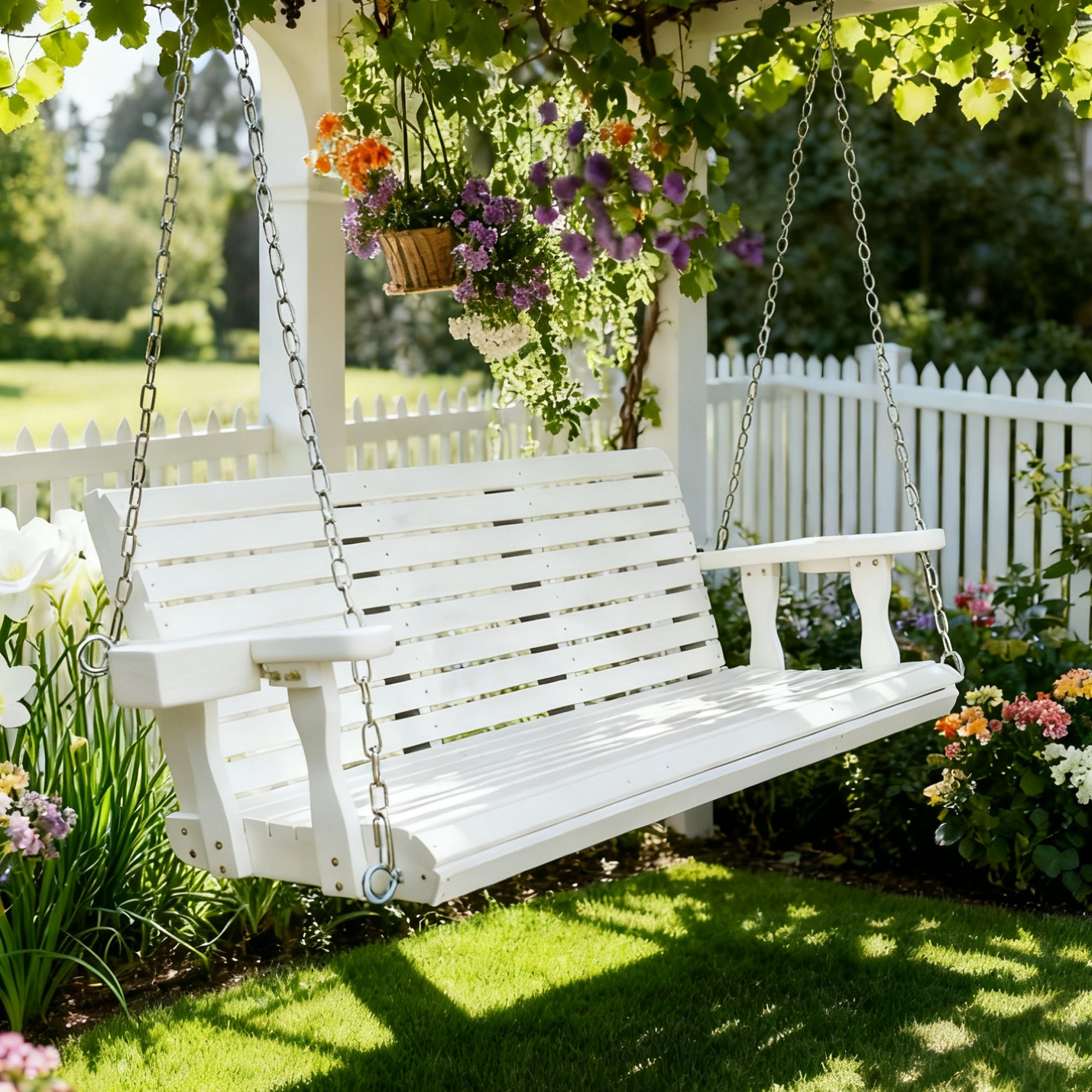 Wooden Porch Swing 3-Seater, High Backrest and Deep Seat, Bench Swing with Cupholders, Hanging Chains and 7mm Springs, Heavy Duty 880 LBS, for Outdoor Patio Garden (Pure White, 5 FT Extra Large)