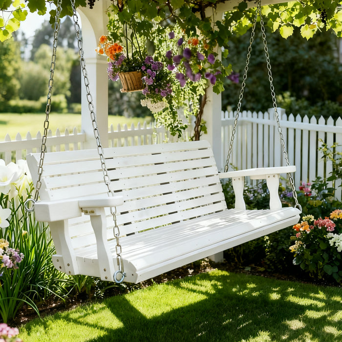 Wooden Porch Swing 3-Seater, High Backrest and Deep Seat, Bench Swing with Cupholders, Hanging Chains and 7mm Springs, Heavy Duty 880 LBS, for Outdoor Patio Garden (Pure White, 5 FT Extra Large)