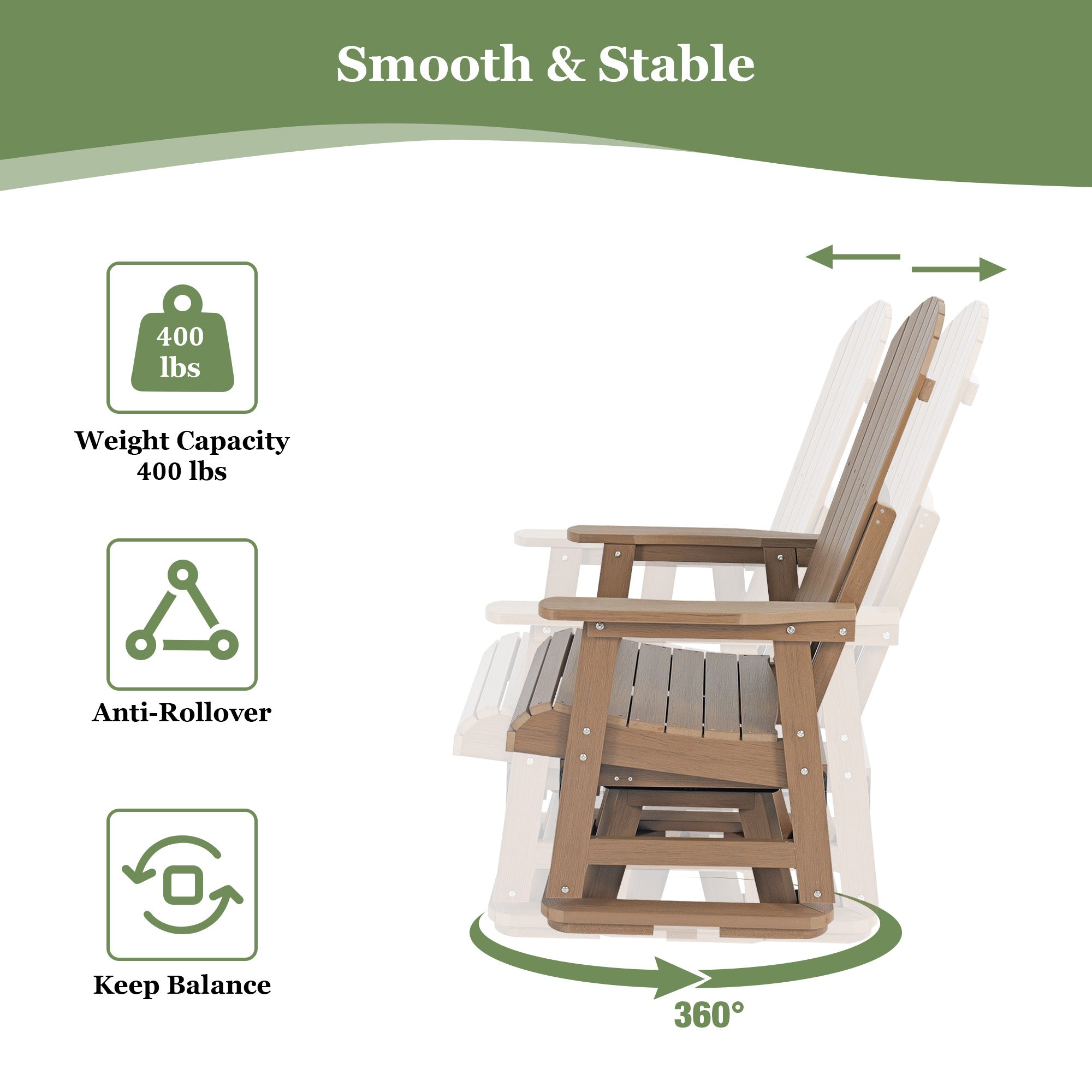 HIPS Swivel Patio Glider, Poly Lumber Weather Resistant Outdoor Chair, for Patio, Porch, Yard (Brown)