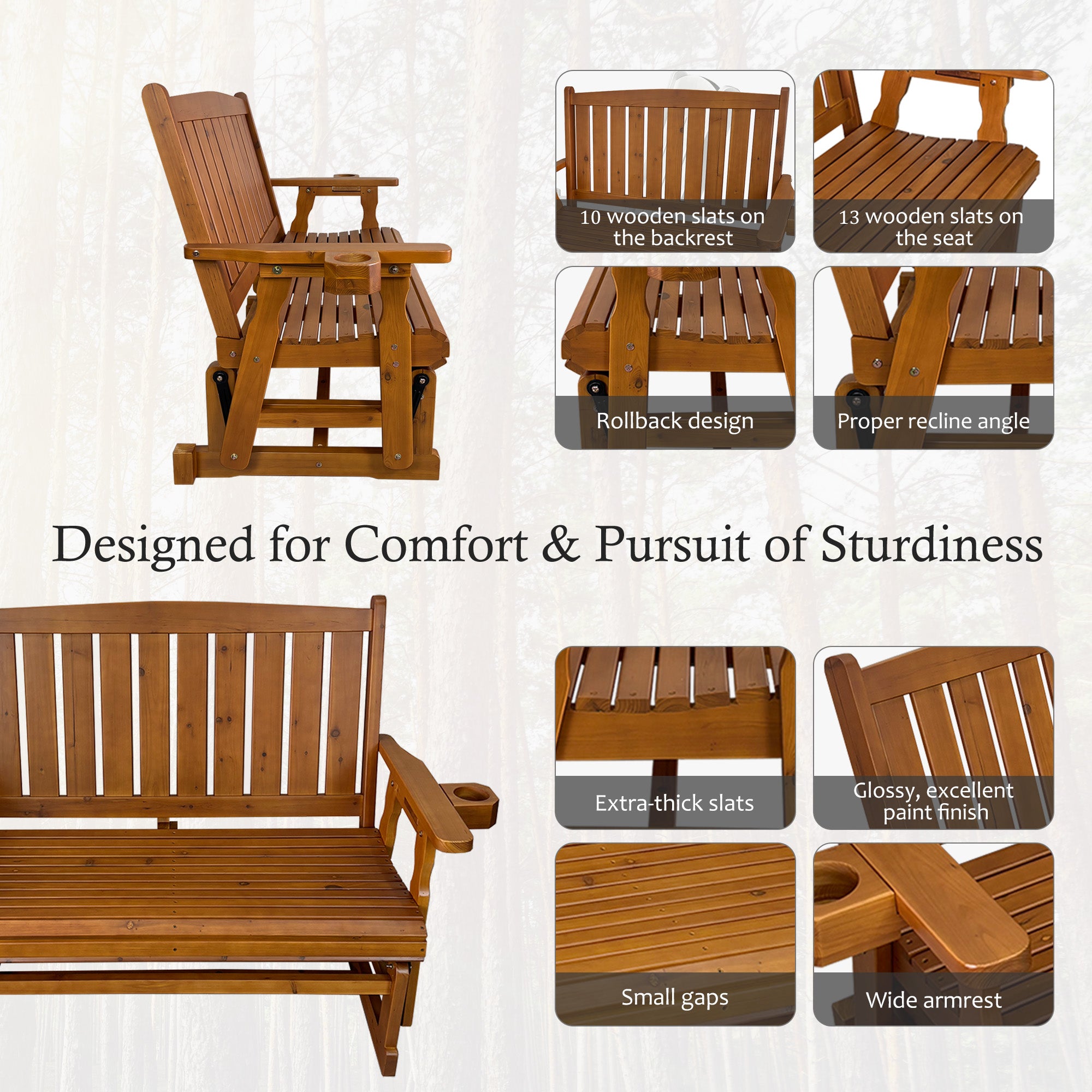 Fortune Candy Wooden Patio Glider, with Cup Holders, High Back and Deep Contoured Seat, Solid Fir Wood, Heavy Duty 800 LBS (Teak Tone, 2-Seater)