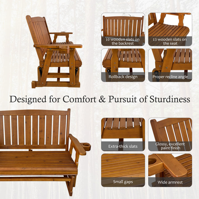 Fortune Candy Wooden Patio Glider, with Cup Holders, High Back and Deep Contoured Seat, Solid Fir Wood, Heavy Duty 800 LBS (Teak Tone, 2-Seater)