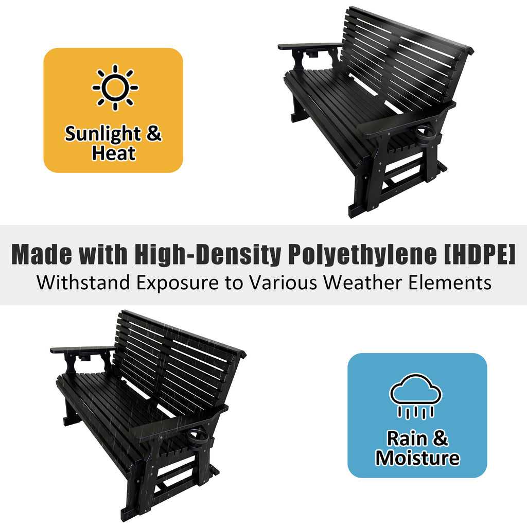 HDPE Patio Glider, Poly Lumber Weather-Resistant Outdoor Glider Bench, for Patio, Porch, Yard, Black
