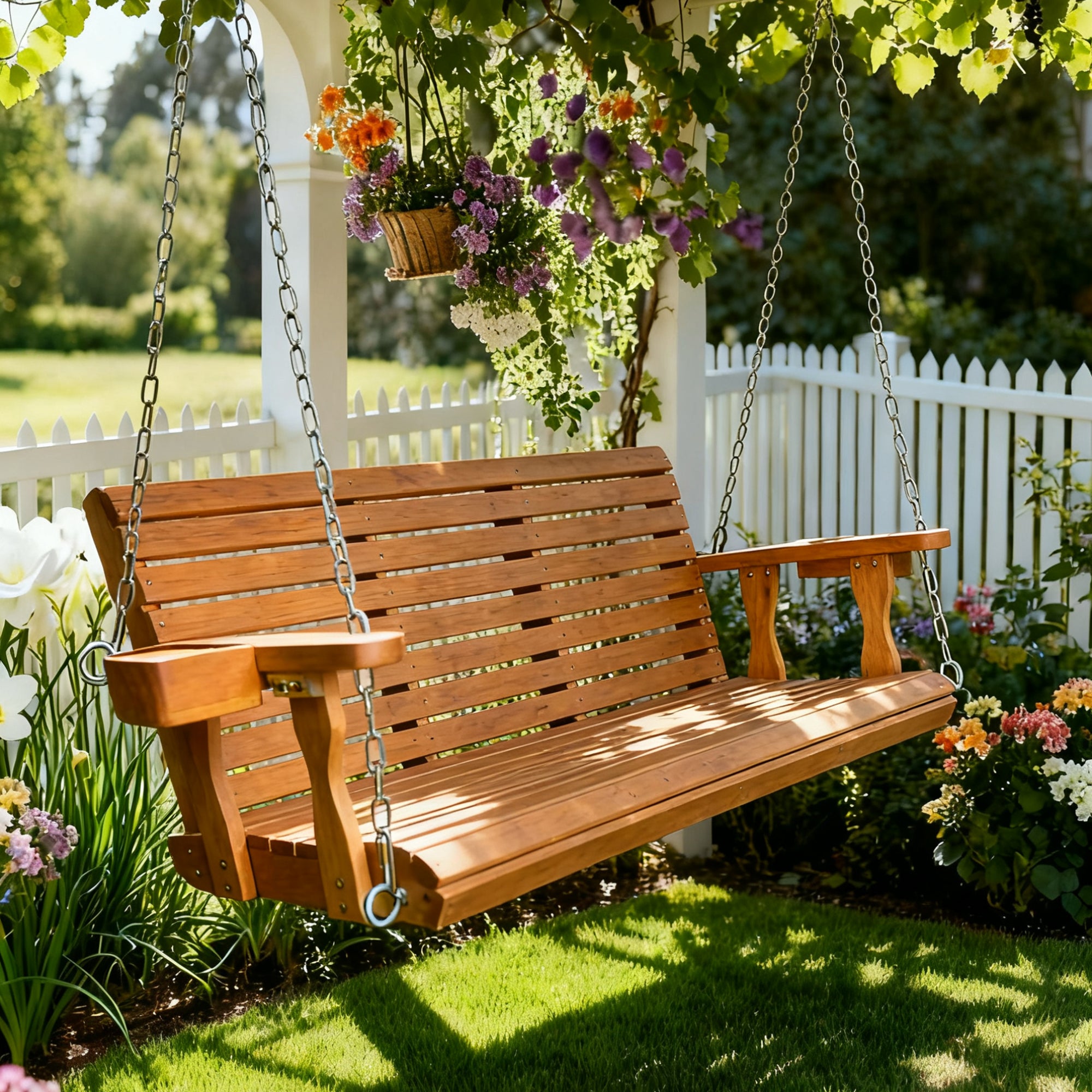 Wooden Porch Swing 2-Seater, Bench Swing with Cupholders, Hanging Chains and 7mm Springs, Heavy Duty 800 LBS, for Outdoor Patio Garden (Warm Teak Color, 5 FT Extra Large)