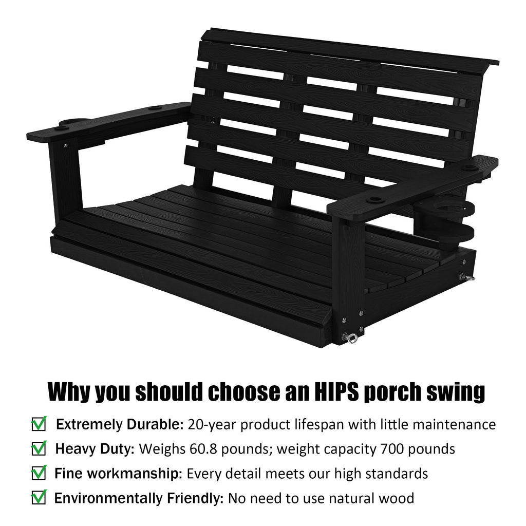 Poly Lumber 2-Seat Porch Swing, HIPS 4-Feet Bench Swing with Foldable Cup Holders,18/8 Stainless Steel Hardware, High Backrest and Deep Contoured Seat (Carbon Black, 4-feet)