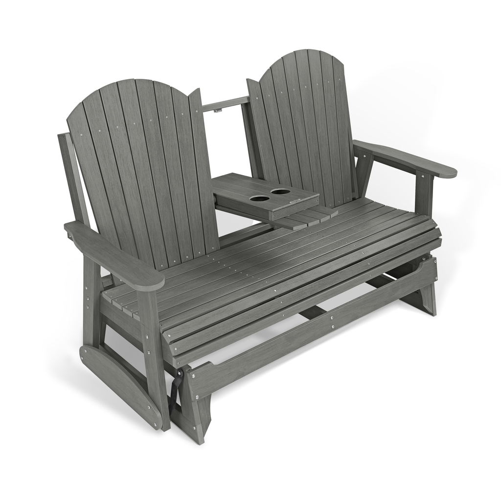 HIPS Patio Glider with Foldable Cup Holders, Durable Poly Lumber Material, All-Weather Resistant, High Backrest and Deep Contoured Seat, Heavy Duty 900 LB, for Outdoor, Porch, Patio (Gray, 3-Seat)