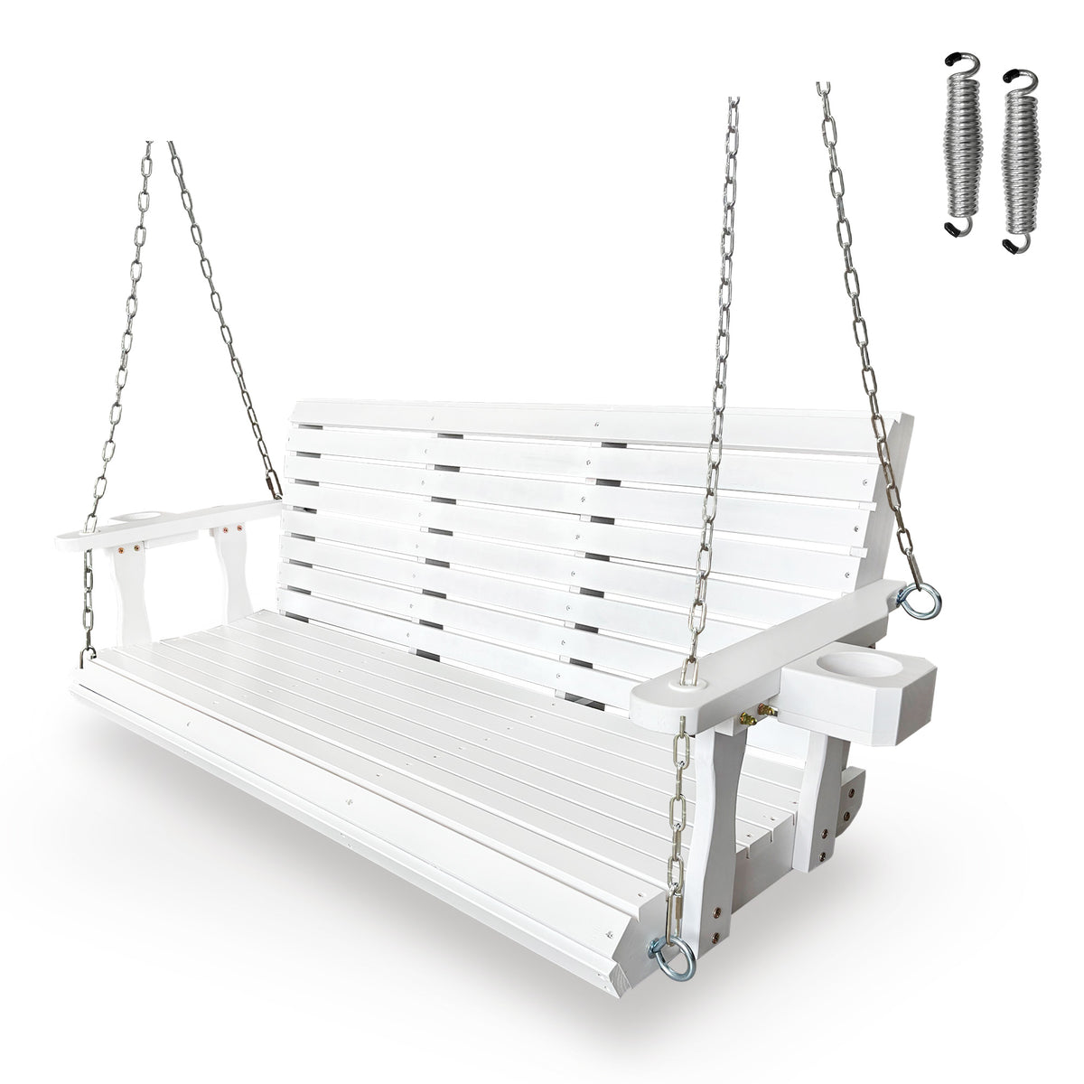 Wooden Porch Swing 3-Seater, High Backrest and Deep Seat, Bench Swing with Cupholders, Hanging Chains and 7mm Springs, Heavy Duty 880 LBS, for Outdoor Patio Garden (Pure White, 5 FT Extra Large)