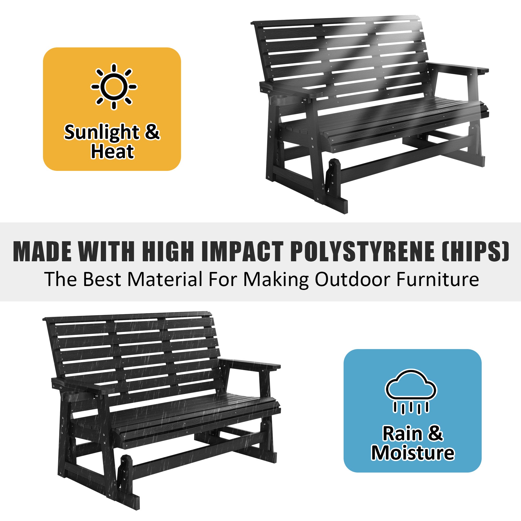 HIPS Patio Glider with Cup Holders, Durable Poly Lumber Material, All-Weather Resistant, High Backrest and Deep Contoured Seat, Ladder Back, Heavy Duty 900 LB, for Outdoor, Patio (Black, 3-Seat)