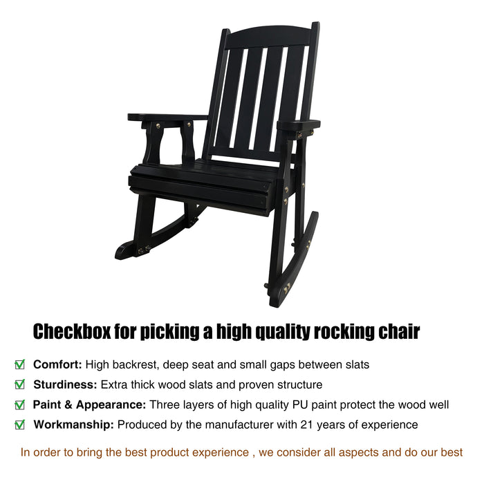 Fortune Candy Wooden Patio Rocking Chair with Comfortable Backrest Inclination, High Backrest and Deep Contoured Seat, Solid Fir Wood, Heavy Duty 600 LBS (Black, 2 Pieces)