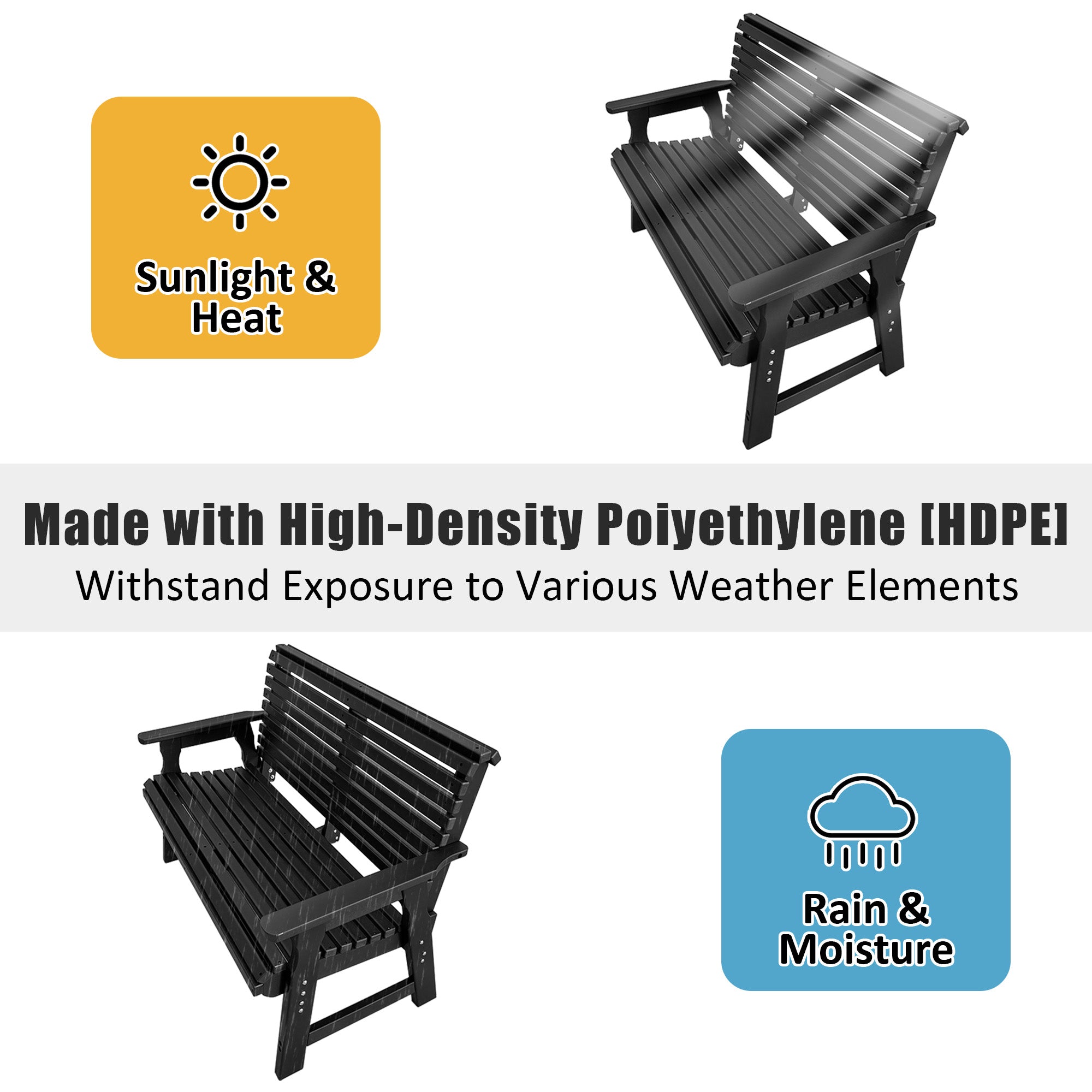 Poly Lumber Outdoor Bench, HDPE All-Weather Bench, Never Rots or Fades, for Patio, Porch, Garden and Park, 700 lbs Weight Capacity (2-Seater, Black)