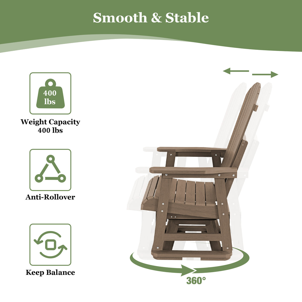 HIPS Swivel Patio Glider, Poly Lumber Weather Resistant Outdoor Chair, for Patio, Porch, Yard (Brown)