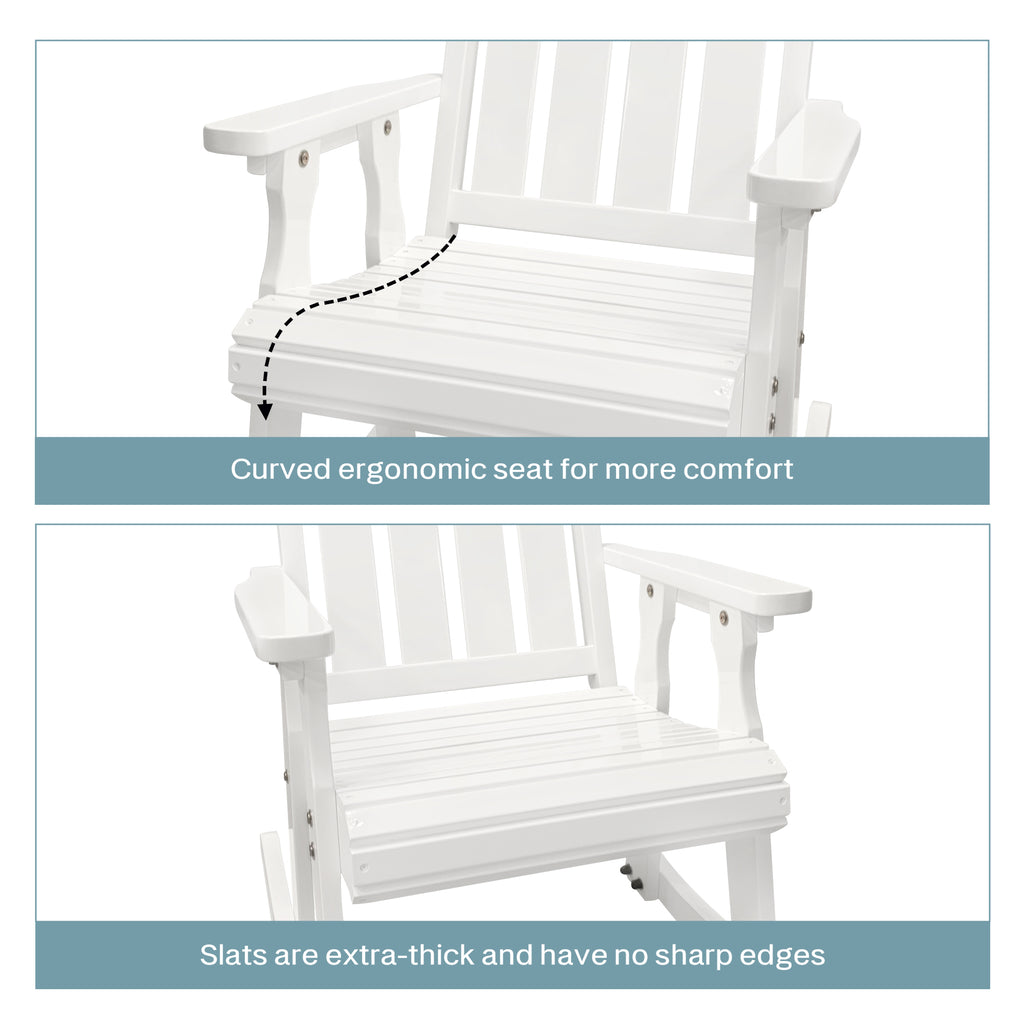 Fortune Candy Wooden Rocking Chair with Comfortable Backrest Inclination, High Backrest and Deep Contoured Seat, Solid Fir Wood, Heavy Duty 600 LBS, for Backyard, Porch and Patio (PU White)