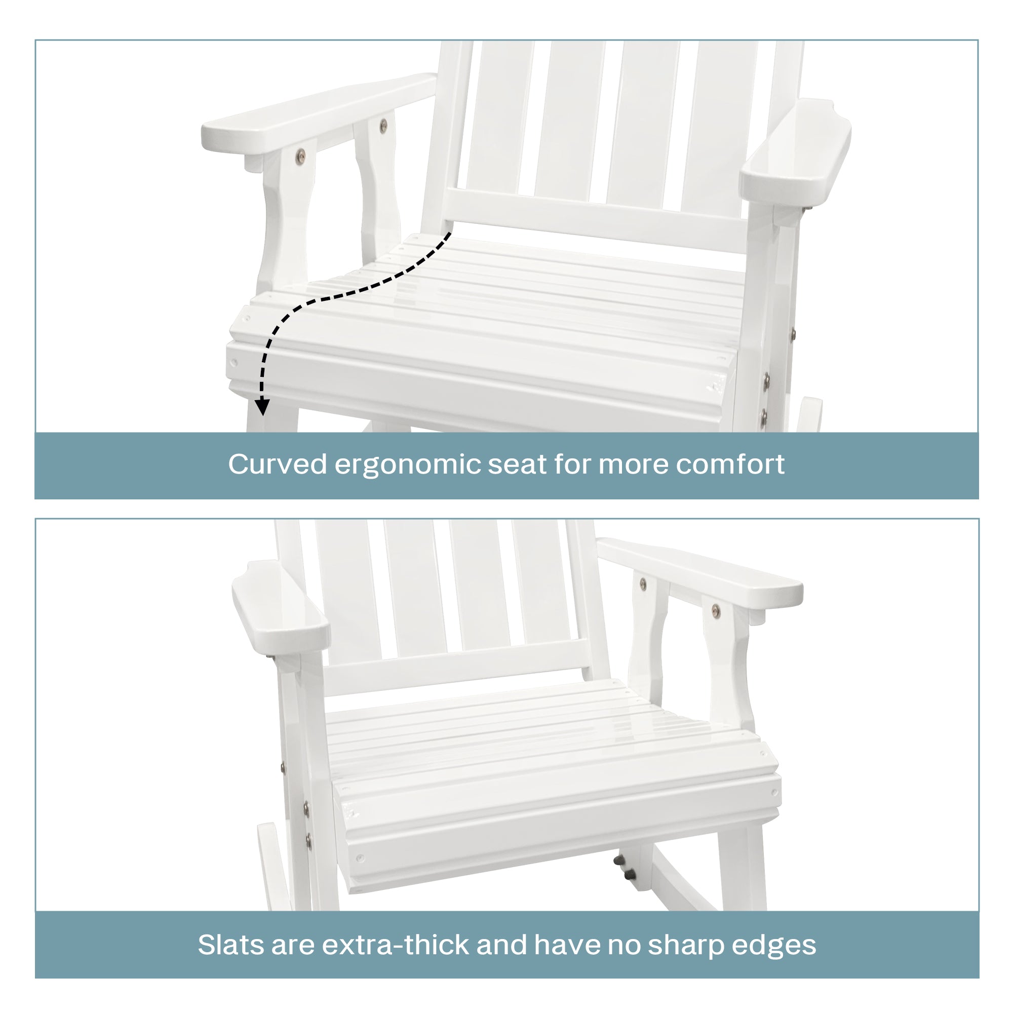 Fortune Candy Wooden Rocking Chair with Comfortable Backrest Inclination, High Backrest and Deep Contoured Seat, Solid Fir Wood, Heavy Duty 600 LBS, for Backyard, Porch and Patio (PU White)