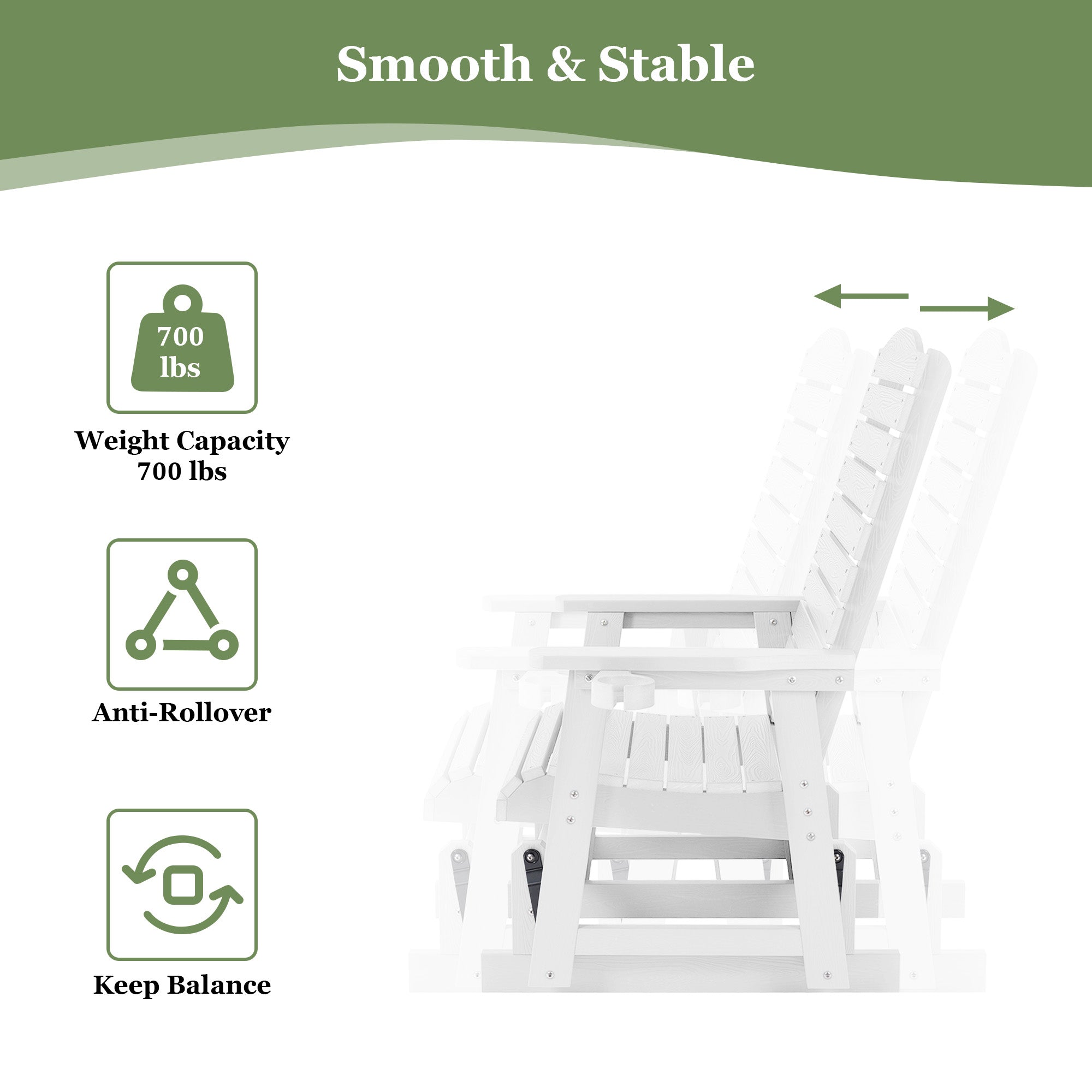 Poly Lumber Patio Glider for One Person, with Cup Holders, High Backrest and Deep Contoured Seat, HIPS Material, All-Weather Resistant, Heavy Duty 700 Pounds (White)