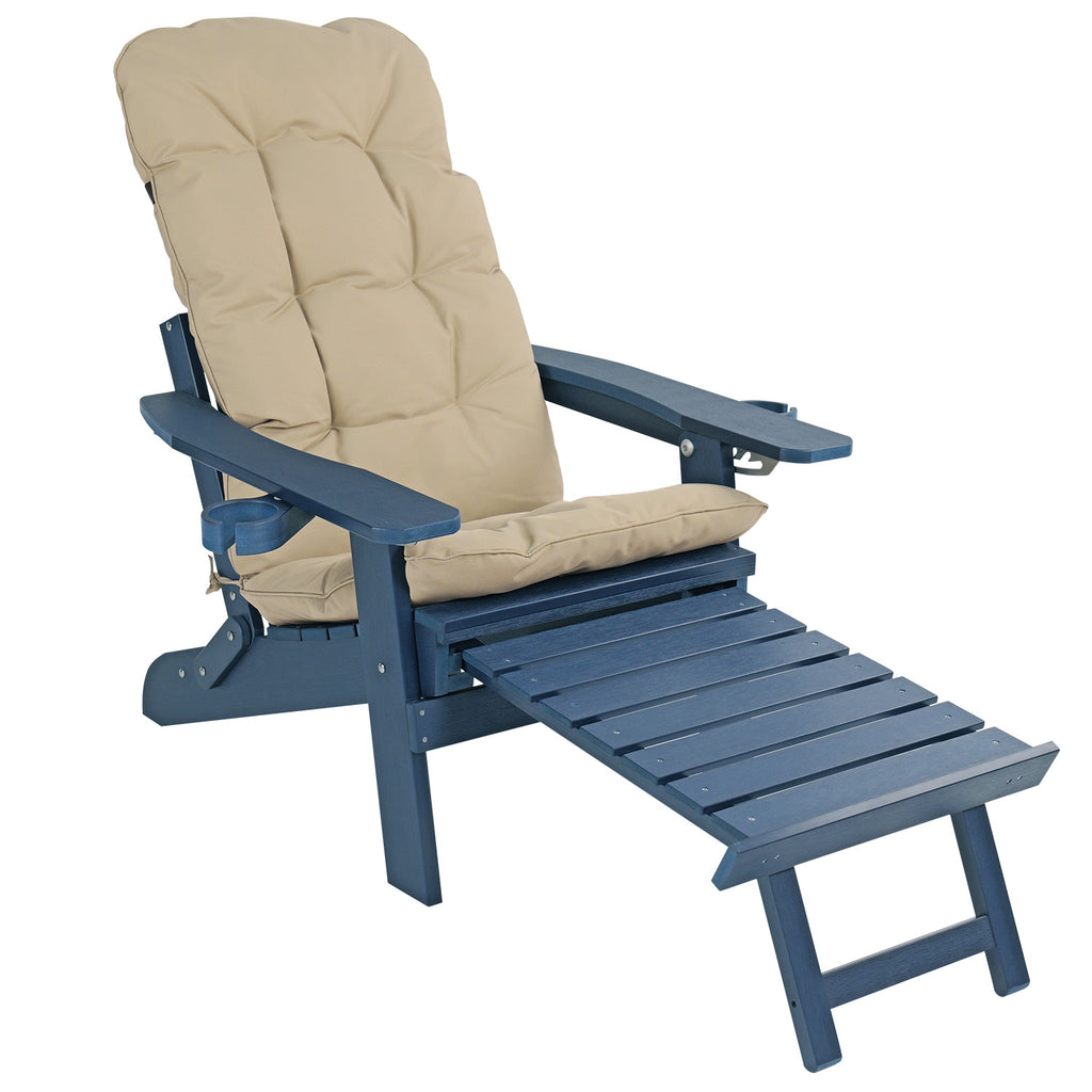 Poly Lumber Adirondack Chair with Cup Holders, Ottoman and Cushion, Adjustable Backrest, All-Weather Resistant HIPS Material, Wood-Like Pattern, Heavy Duty 700 LBS (Navy Blue)