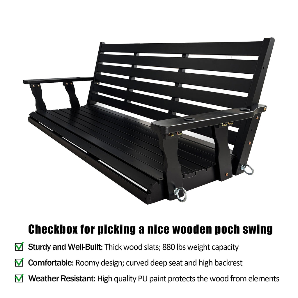 Wooden Porch Swing, Ergonomic Seat, Bench Swing with Hanging Chains and 7mm Springs, Heavy Duty 800 LBS, for Outdoor Patio Garden Yard (Carbon Black, 3-Seater Extra Large)