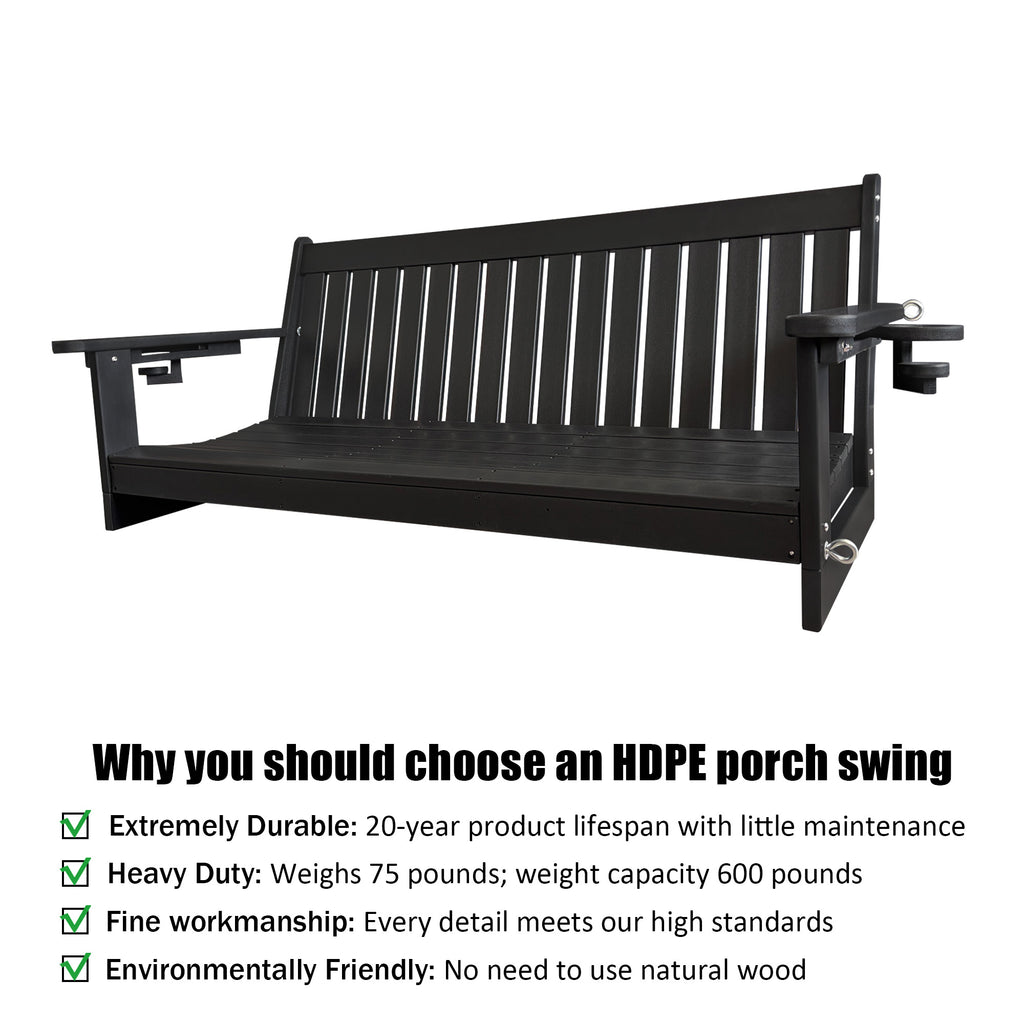 HDPE 3-Seater Porch Swing, 5-Feet Bench Swing with Foldable Cup Holders,18/8 Stainless Steel Hardware, High Backrest and Deep Contoured Seat (Black, 5-feet)
