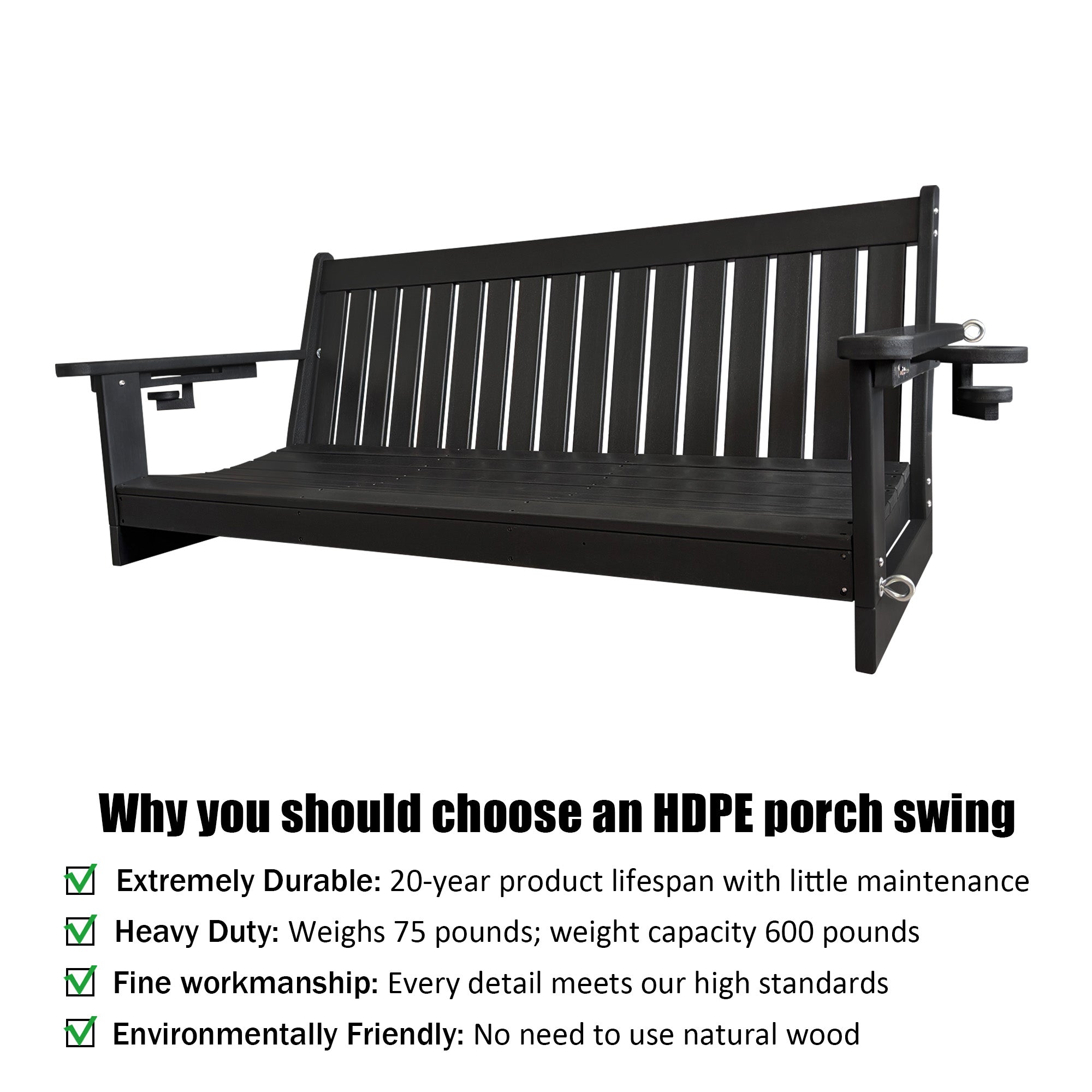 HDPE 3-Seater Porch Swing, 5-Feet Bench Swing with Foldable Cup Holders,18/8 Stainless Steel Hardware, High Backrest and Deep Contoured Seat (Black, 5-feet)