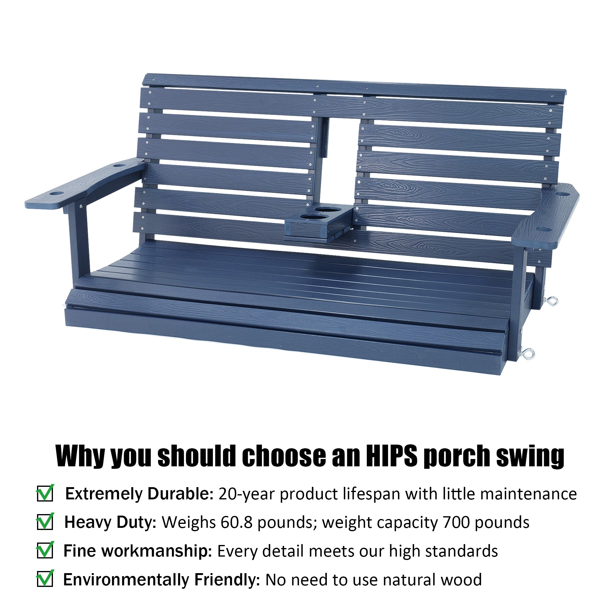 Poly Lumber 3-Seat Porch Swing, HIPS 5-Feet Bench Swing with Foldable Cup Holders,18/8 Stainless Steel Hardware, High Backrest and Deep Contoured Seat (Navy Blue 4.5-feet)