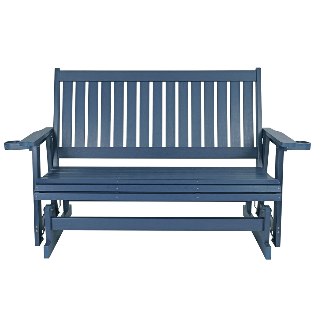 HIPS Patio Glider with Cup Holders, Durable Poly Lumber Material, All-Weather Resistant, High Backrest and Deep Contoured Seat, Heavy Duty 900 LB, for Outdoor, Porch, Patio (Navy Blue, 3-Seat)