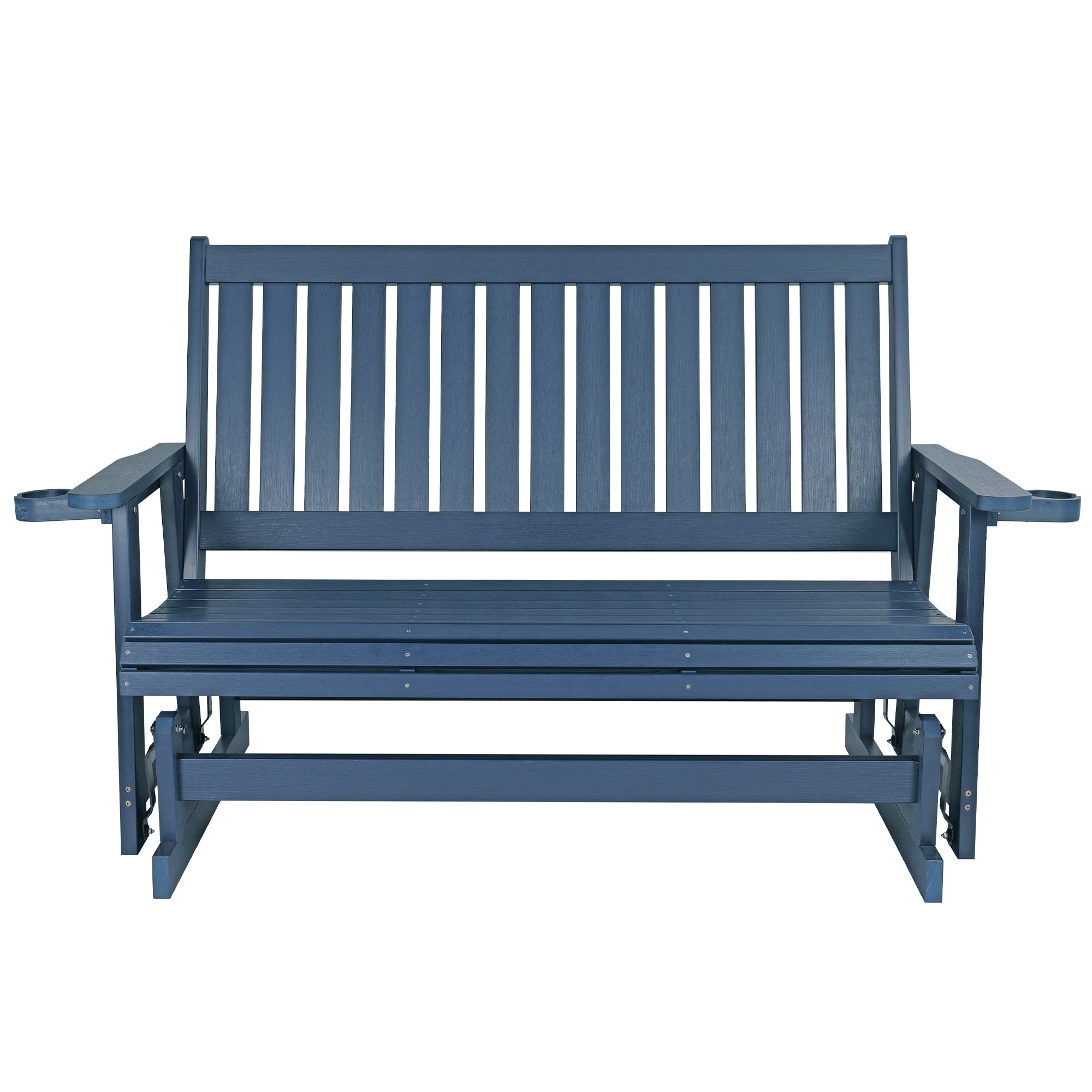 HIPS Patio Glider with Cup Holders, Durable Poly Lumber Material, All-Weather Resistant, High Backrest and Deep Contoured Seat, Heavy Duty 900 LB, for Outdoor, Porch, Patio (Navy Blue, 3-Seat)