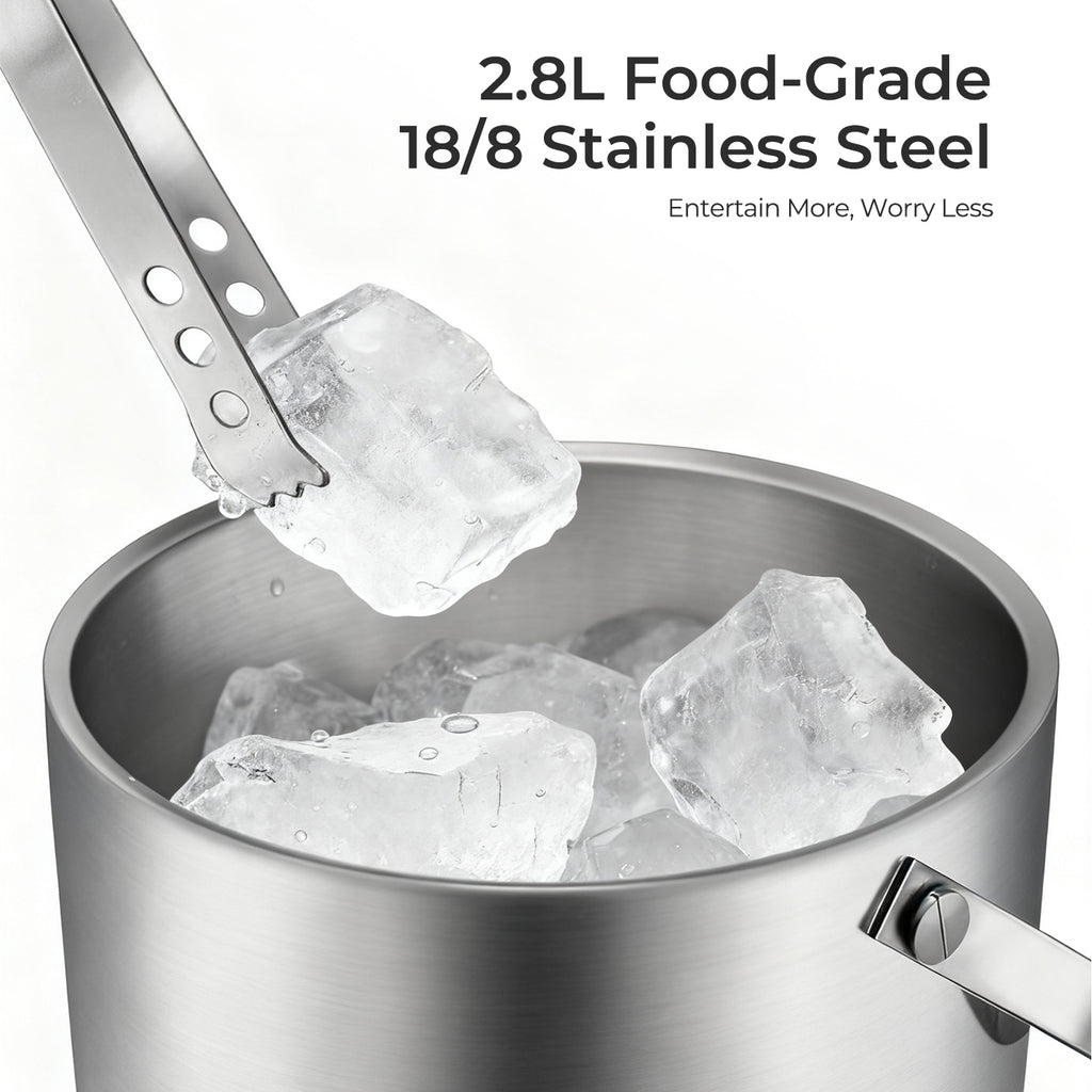 Fortune Candy Insulated Ice Bucket, Stainless Steel Ice Bucket with Ice Tongs, 2.8 L (Silver)