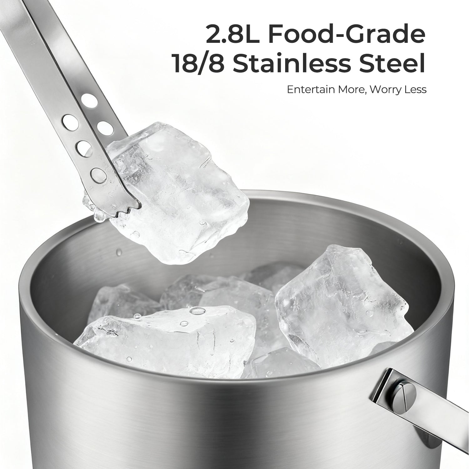 Fortune Candy Insulated Ice Bucket, Stainless Steel Ice Bucket with Ice Tongs, 2.8 L (Silver)