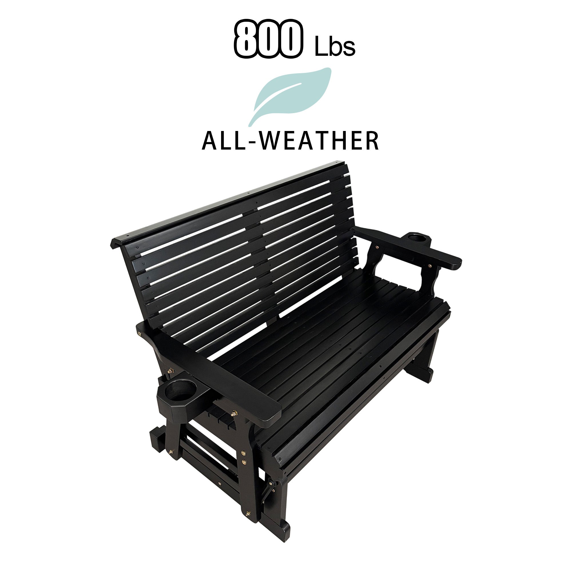 Fortune Candy Patio Glider with Cup Holders, High Roll Back and Deep Contoured Seat,Heavy Duty 800 Lb (Black, 2-Seater)