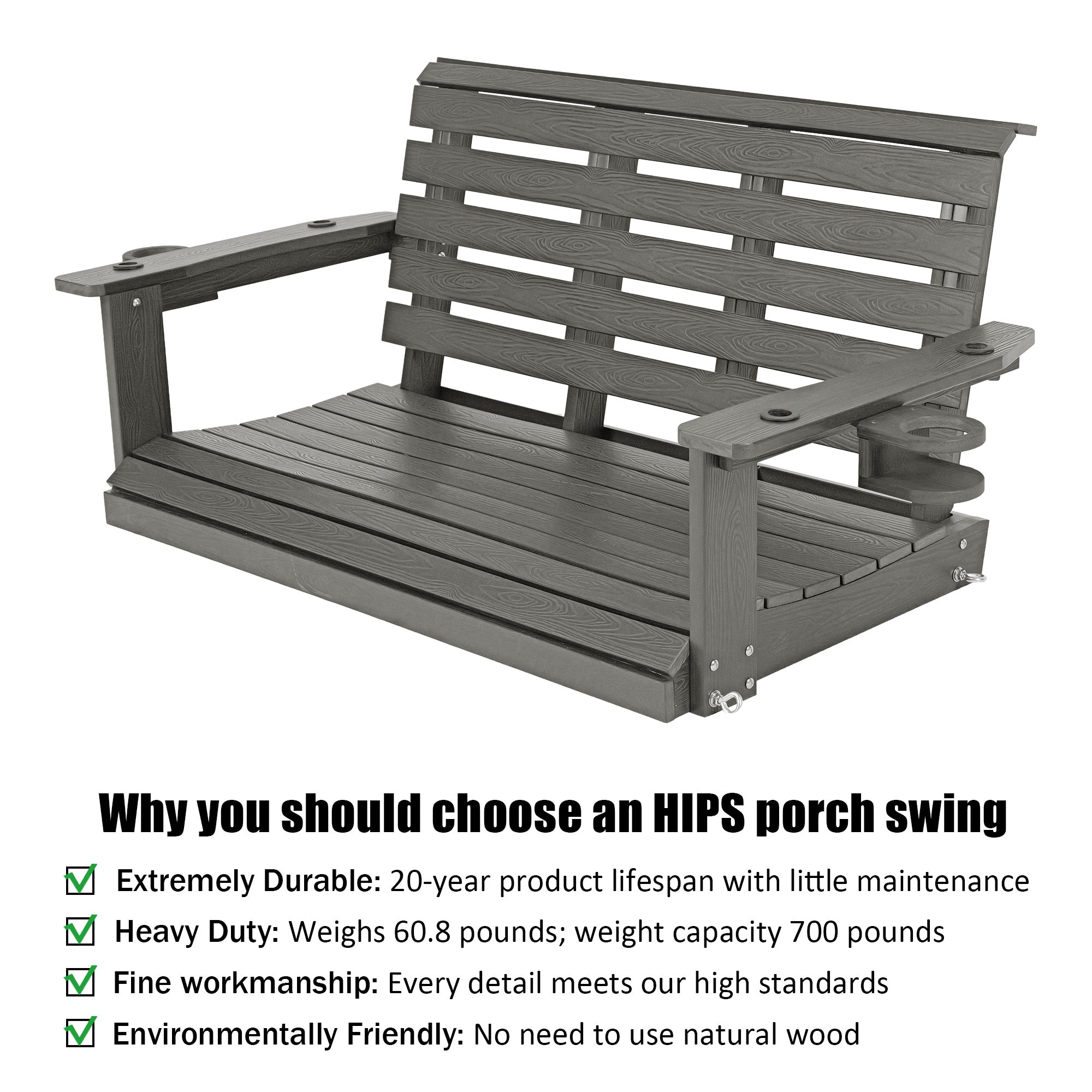 Poly Lumber 2-Seat Porch Swing, HIPS 4-Feet Bench Swing with Foldable Cup Holders,18/8 Stainless Steel Hardware, High Backrest and Deep Contoured Seat (Gray, 4-feet)