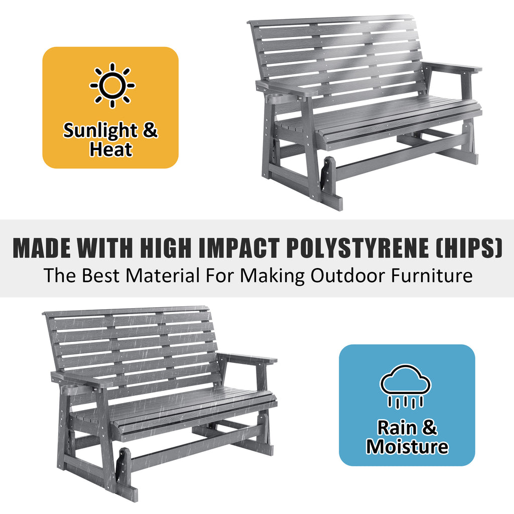 HIPS Patio Glider with Cup Holders, Durable Poly Lumber Material, All-Weather Resistant, High Backrest and Deep Contoured Seat, Ladder Back, Heavy Duty 900 LB, for Outdoor, Patio (Gray, 3-Seat)