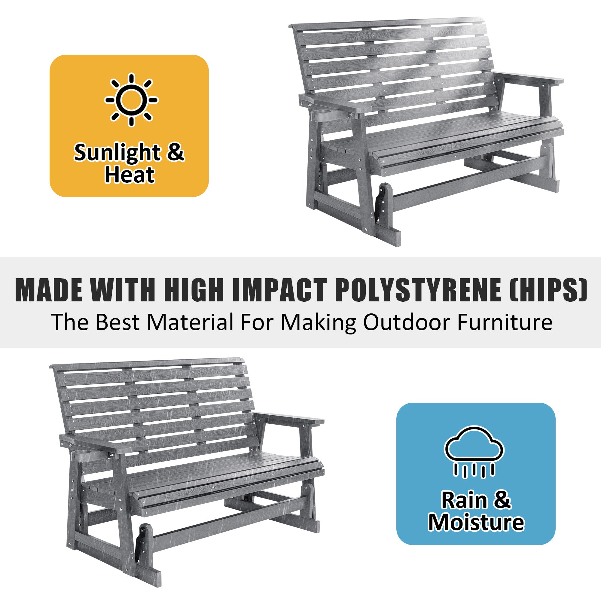 HIPS Patio Glider with Cup Holders, Durable Poly Lumber Material, All-Weather Resistant, High Backrest and Deep Contoured Seat, Ladder Back, Heavy Duty 900 LB, for Outdoor, Patio (Gray, 3-Seat)