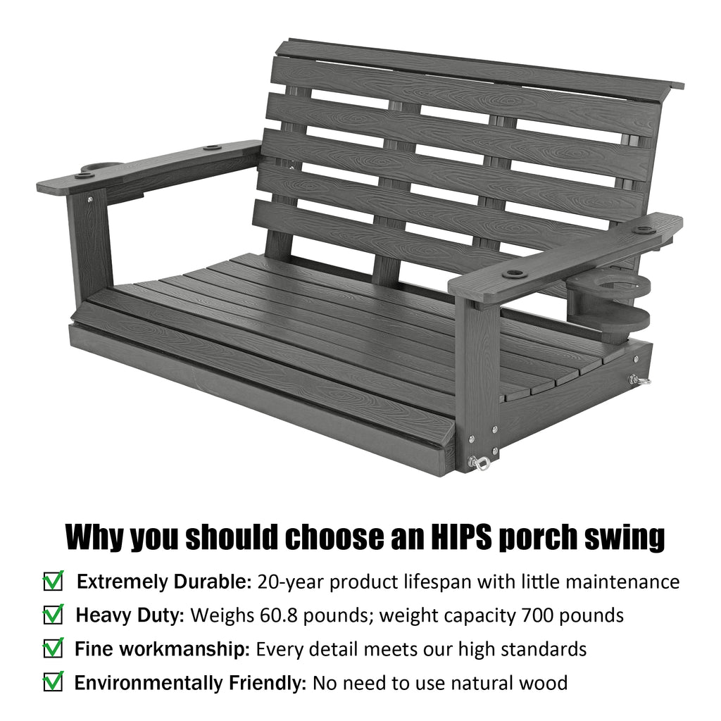 Poly Lumber 2-Seat Porch Swing, HIPS 4-Feet Bench Swing with Foldable Cup Holders,18/8 Stainless Steel Hardware, High Backrest and Deep Contoured Seat (Gray, 4-feet)