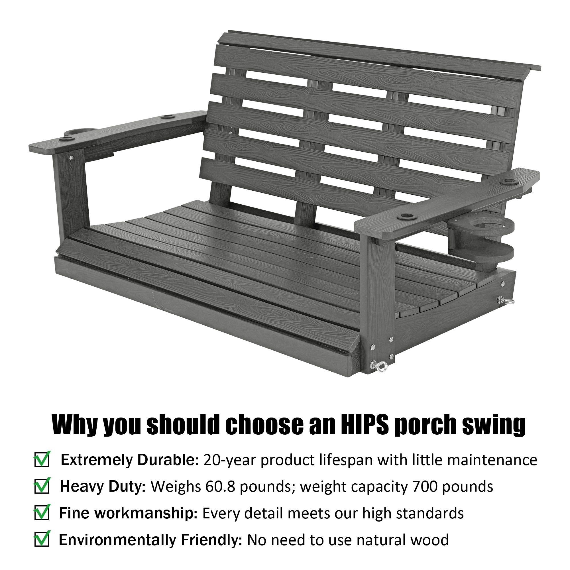 Poly Lumber 2-Seat Porch Swing, HIPS 4-Feet Bench Swing with Foldable Cup Holders,18/8 Stainless Steel Hardware, High Backrest and Deep Contoured Seat (Gray, 4-feet)