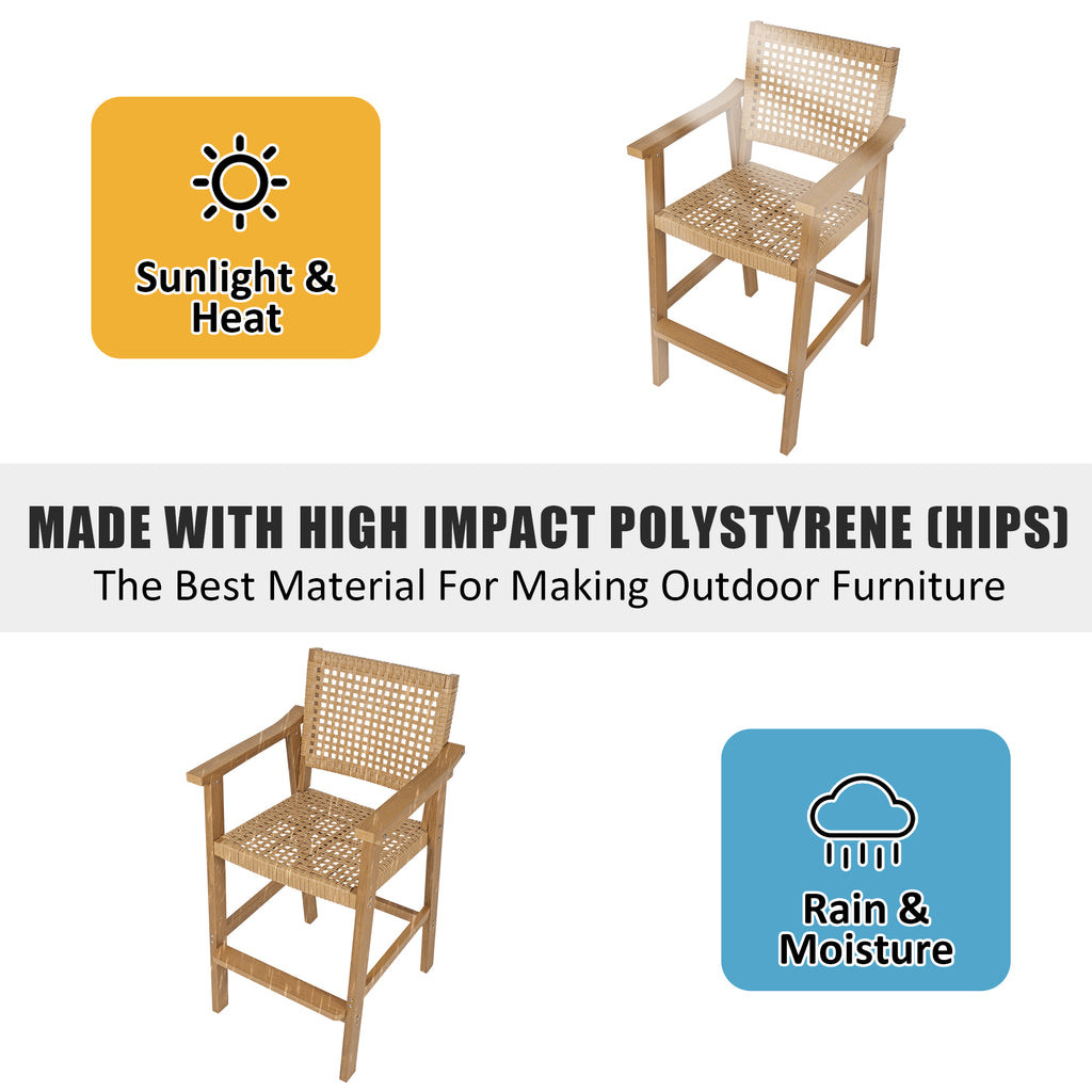 Poly Lumber Patio Bar Stools, PE Rattan Outdoor Bar Chairs, Weather Resistant, for Poolside, Garden, Yard, Balcony (Teak Tone, 2 Piece)