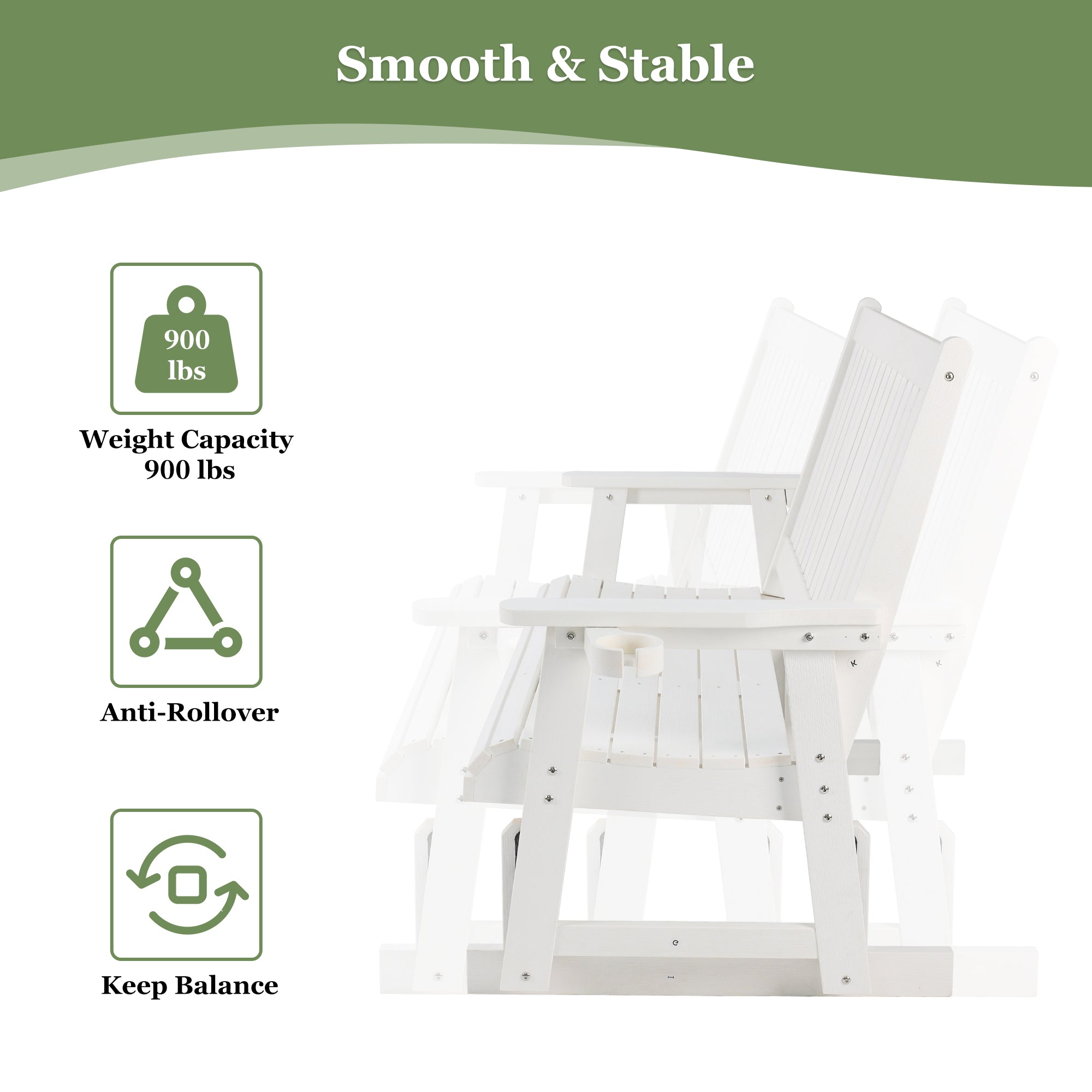 HIPS Patio Glider with Cup Holders, Durable Poly Lumber Material, All-Weather Resistant, High Backrest and Deep Contoured Seat, Heavy Duty 900 LB, for Outdoor, Porch, Patio (Ivory White, 3-Seat)