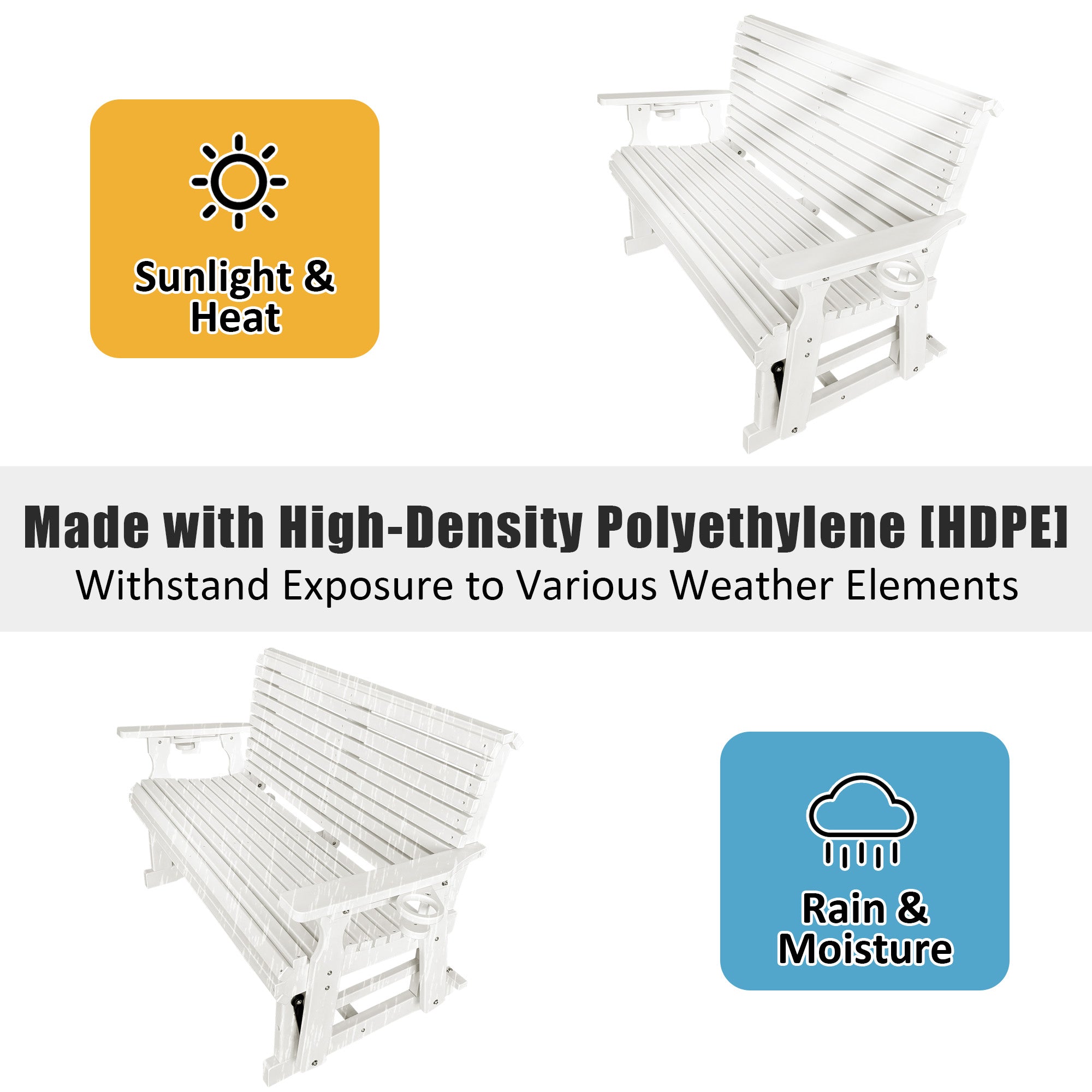HDPE Patio Glider, Poly Lumber Weather-Resistant Outdoor Glider Bench, for Patio, Porch, Yard (Ivory White, 2-Seater)