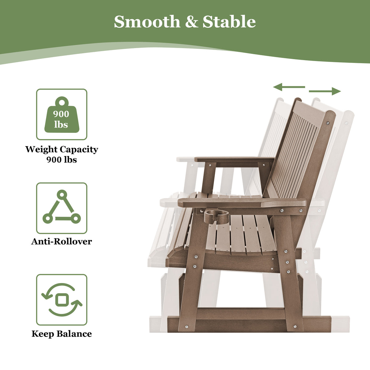 HIPS Patio Glider with Cup Holders, All-Weather Resistant, High Backrest and Deep Contoured Seat, Heavy Duty 900 LB (3 Seat - Brown)